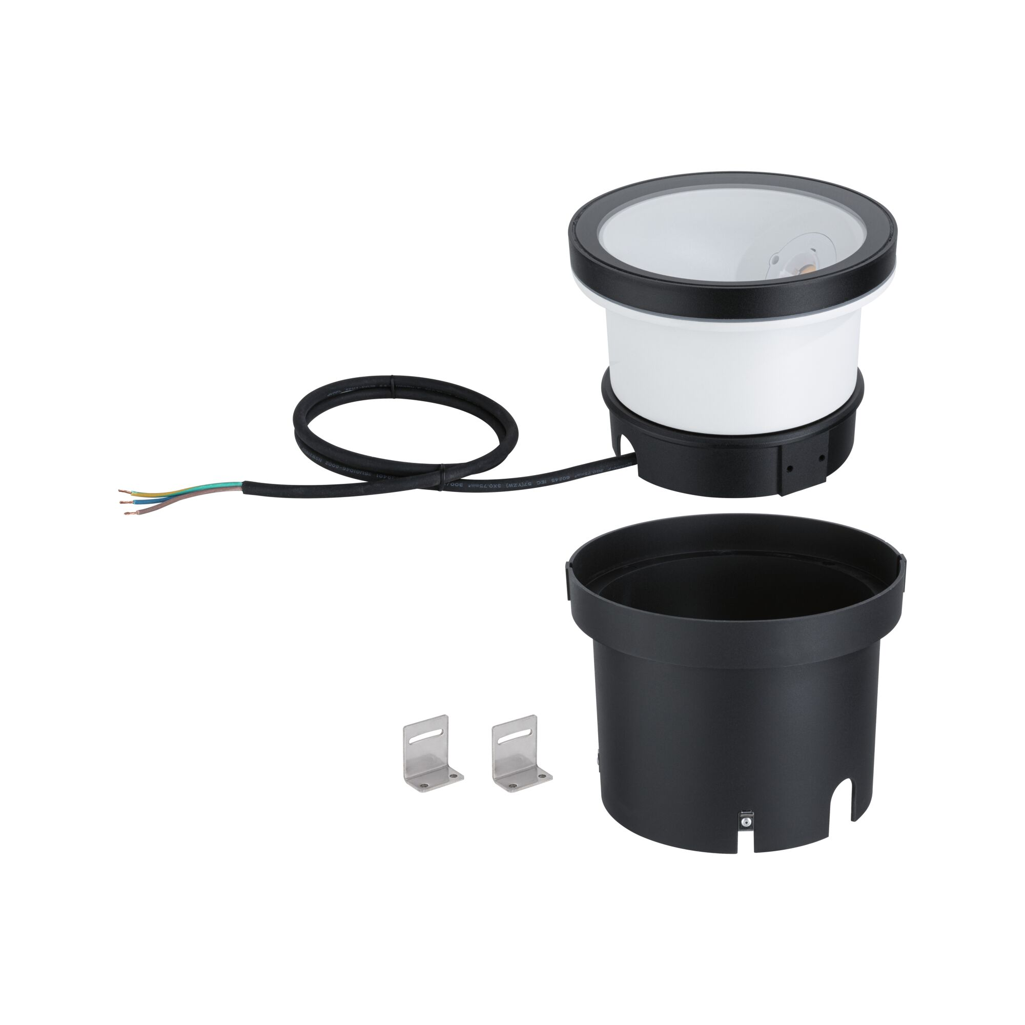 Biała lampa zewnętrzna z czarnym obramowaniem, zdemontowana. Zawiera wiadro montażowe i wsporniki.