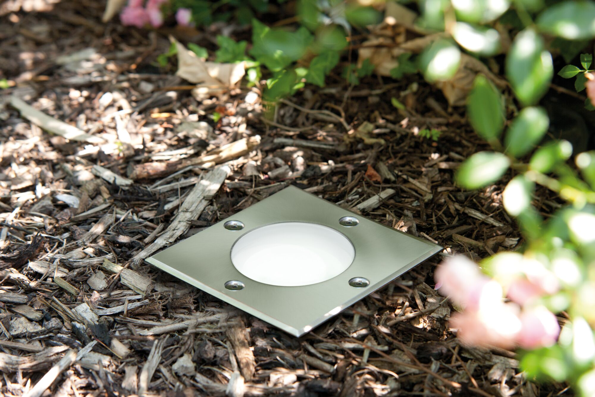Apparecchio di illuminazione quadrato, argentato per esterni installato nel terreno con piante circostanti.