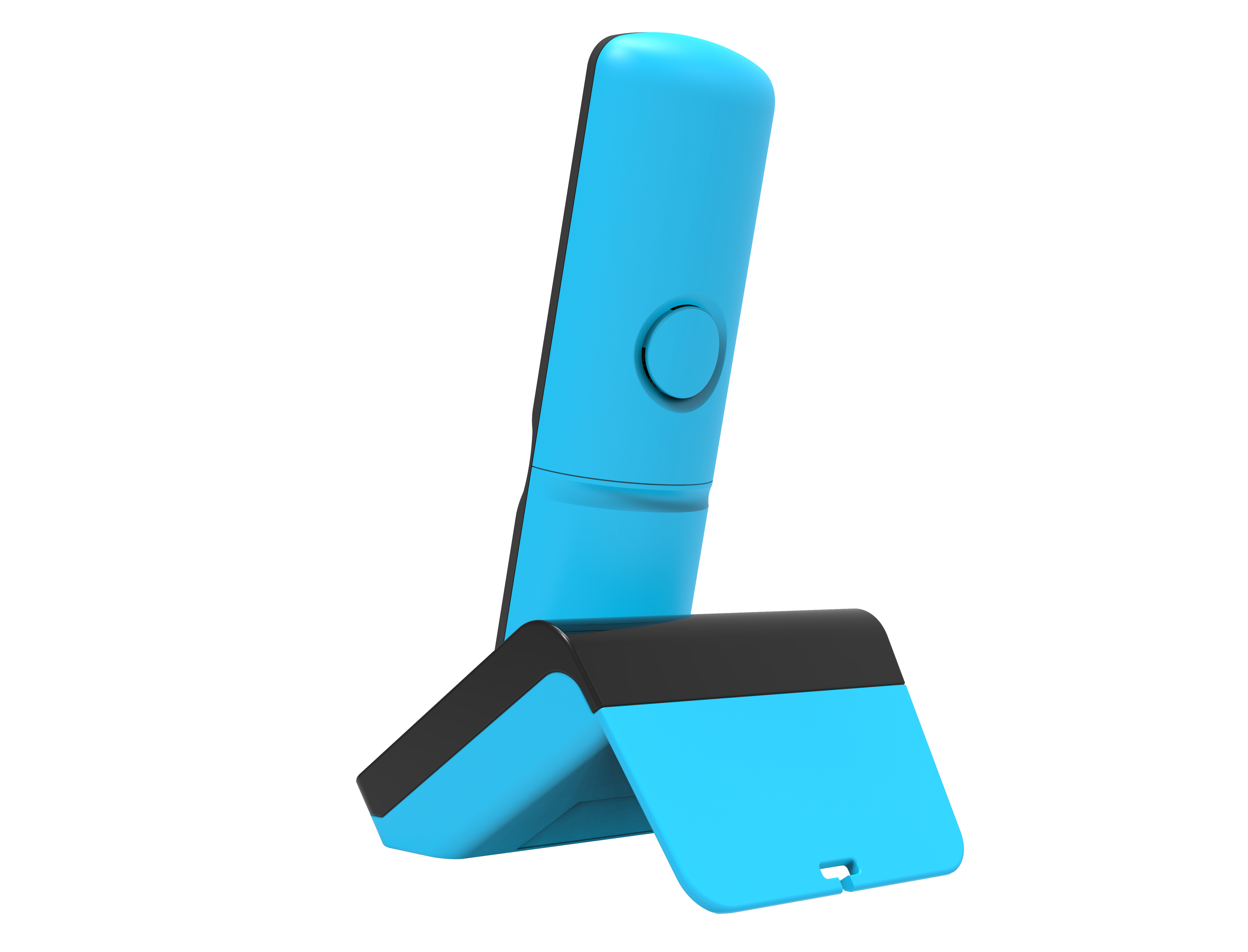 Base telefono blu e nera, con cornetta blu, vista laterale, isolata su nero.