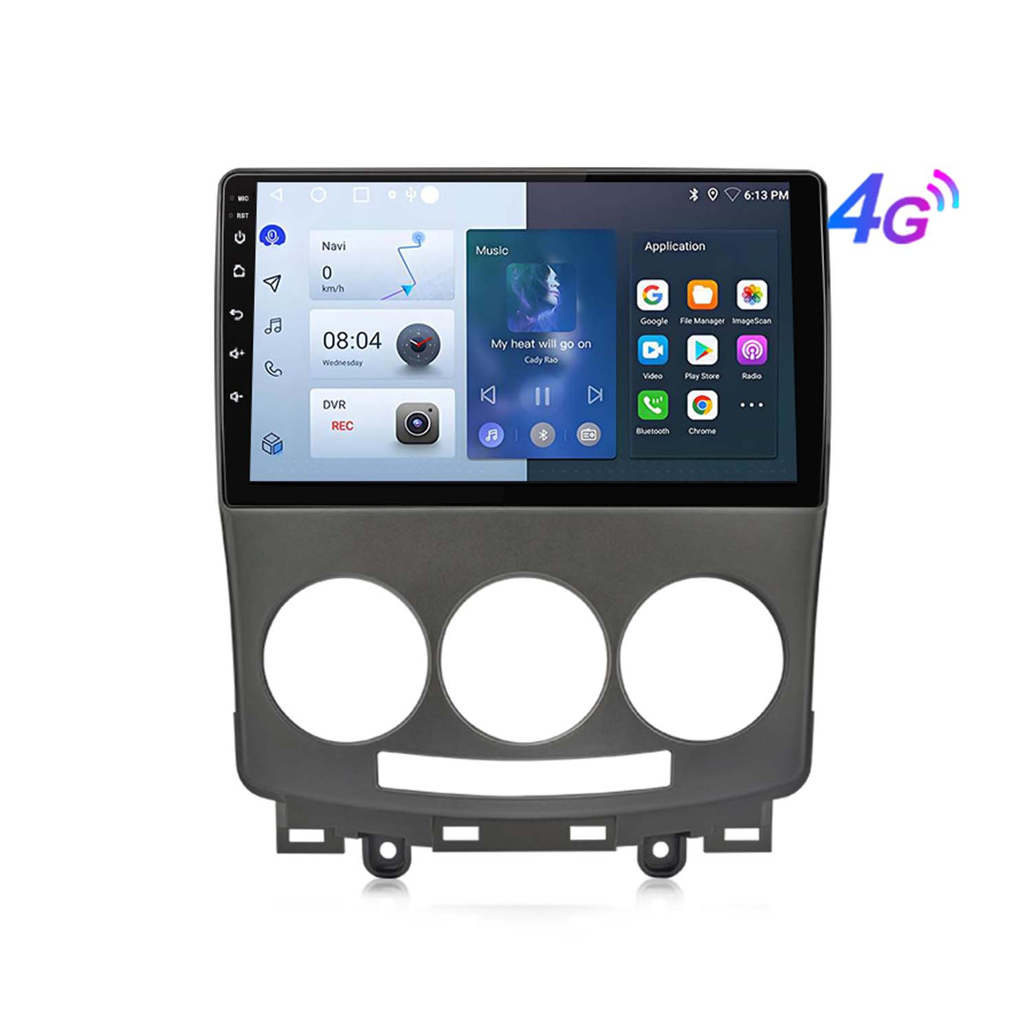 Un sistema stereo per auto con un ampio schermo che mostra un'interfaccia colorata, in una cornice grigia del cruscotto.