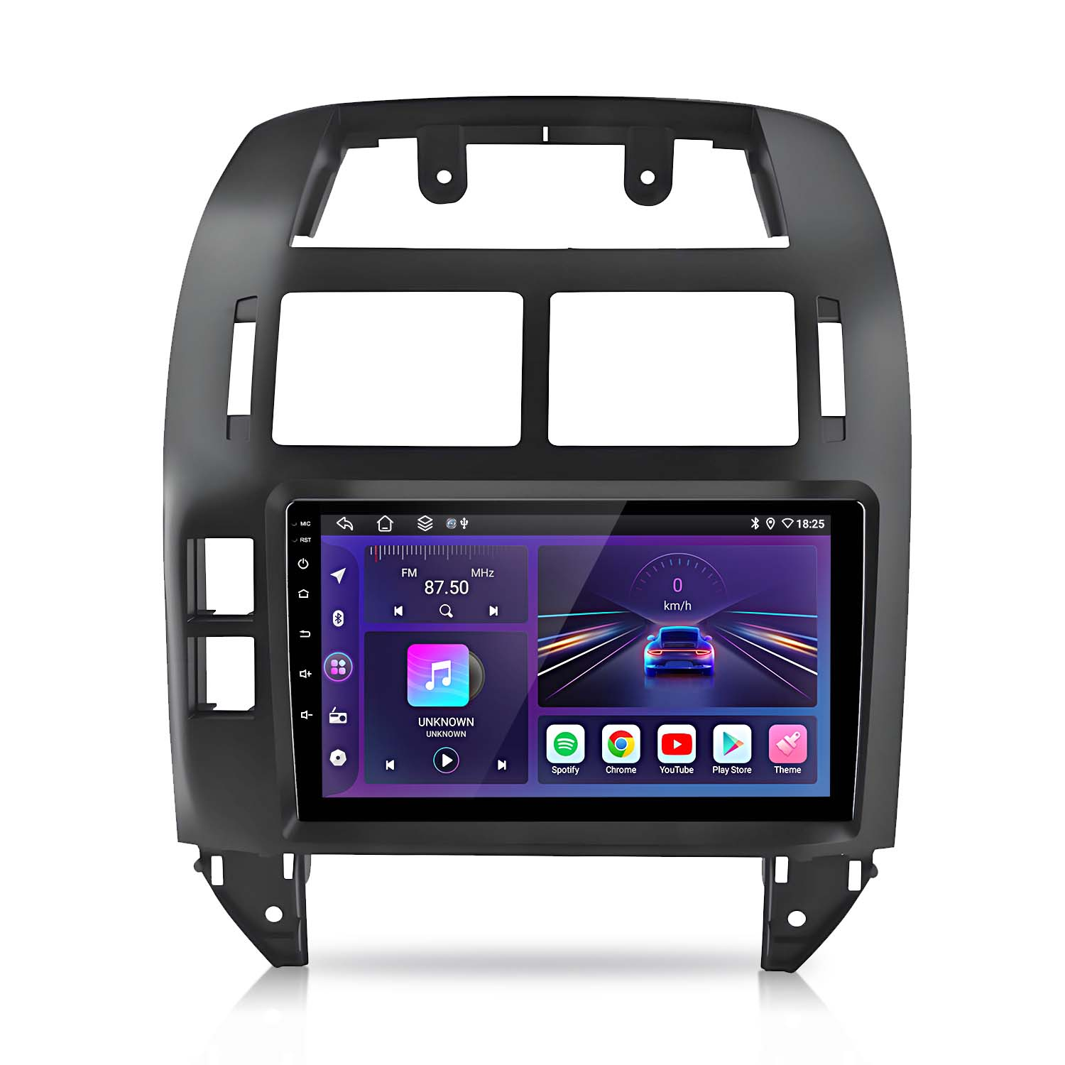 Un sistema stereo per auto con schermo e cornice, insieme a informazioni e branding correlati, in un ambiente luminoso.