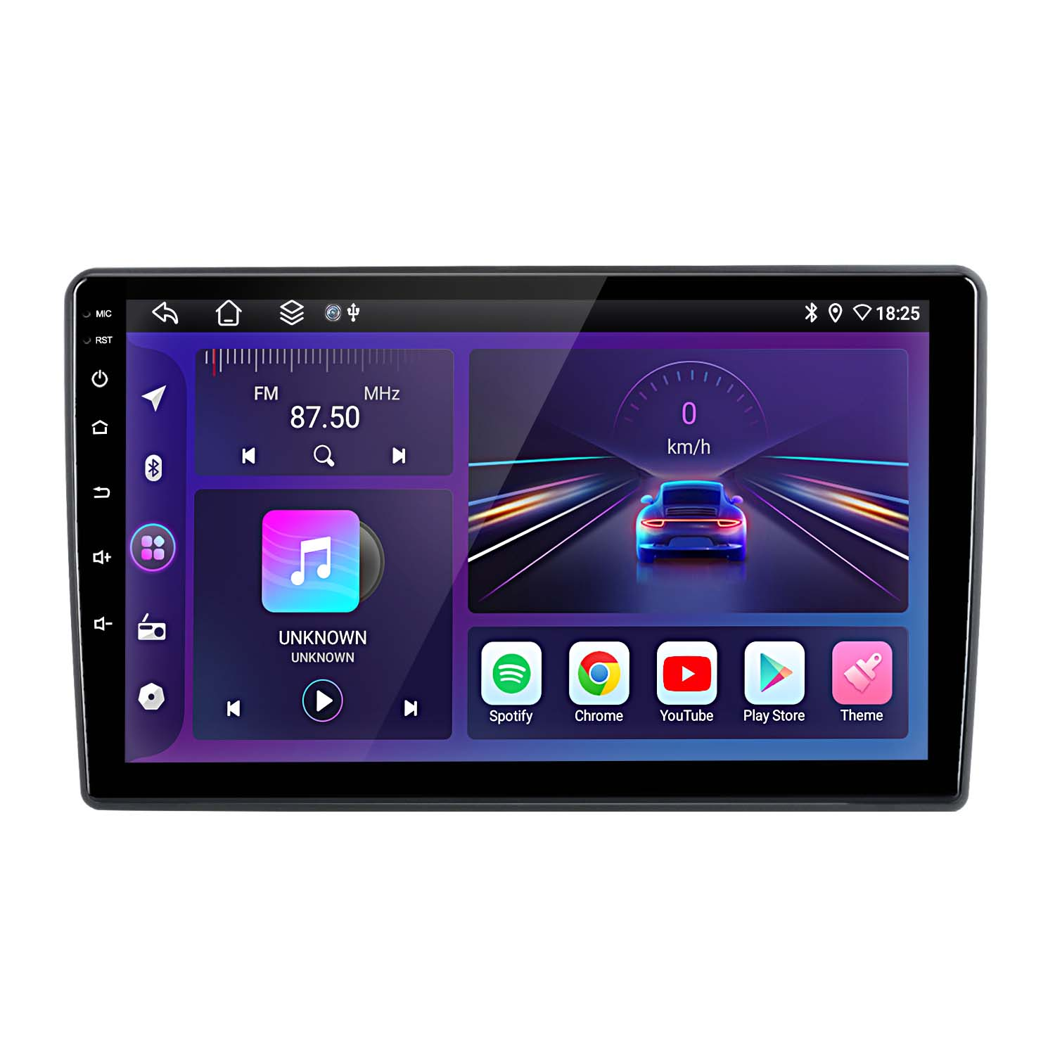 Uno schermo di un'autoradio che mostra un'interfaccia di navigazione con applicazioni, in una cornice nera del cruscotto.
