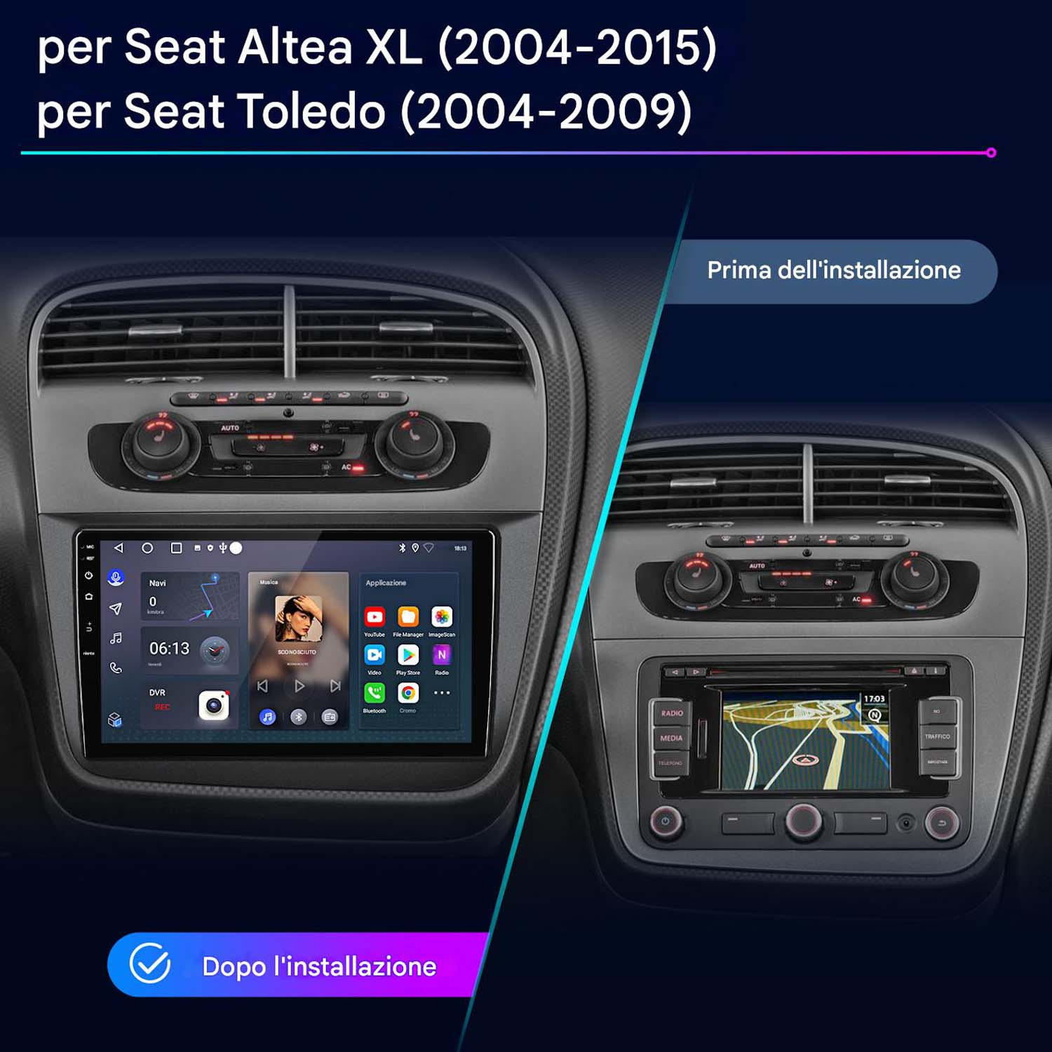 Cruscotto auto, confronto sistema multimediale vecchio e nuovo. Il nuovo è touchscreen.