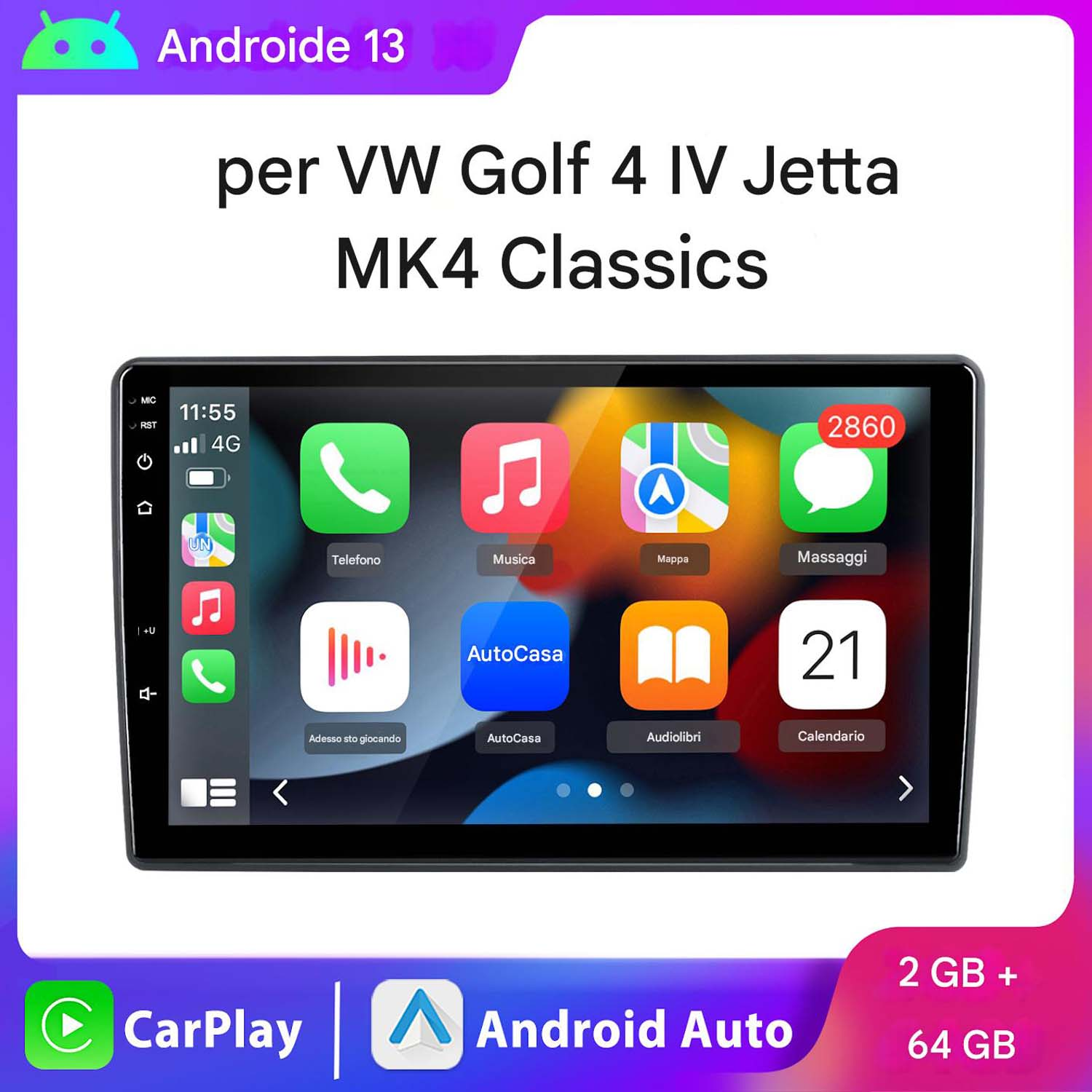 Sistema audio per auto con touchscreen, icone e funzionalità carplay/android auto, con testo sopra.