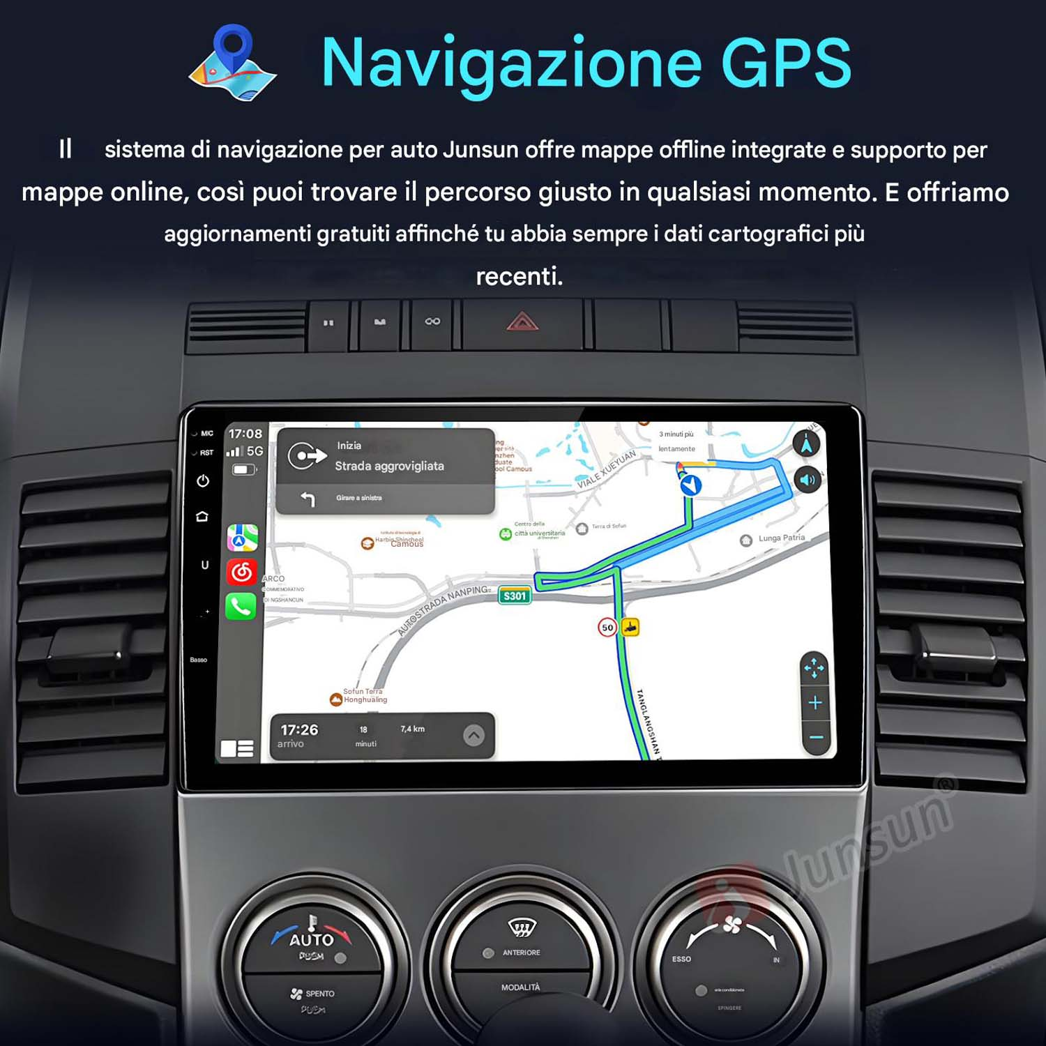 Interfaccia di navigazione GPS del sistema multimediale per auto che mostra una mappa e guida stradale.