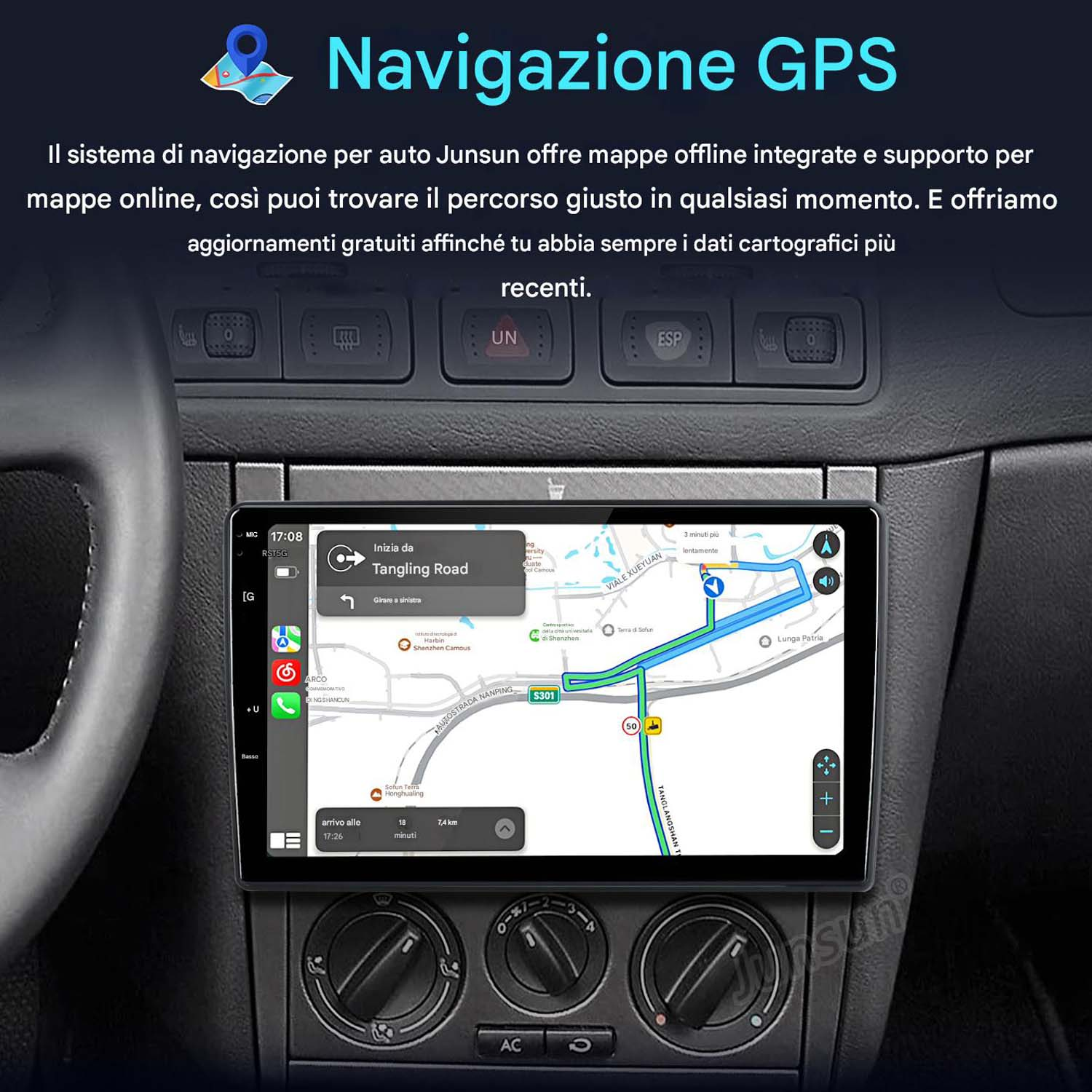 Cruscotto auto con navigazione GPS che mostra mappa e percorso. Lo schermo mostra una mappa e il cruscotto.