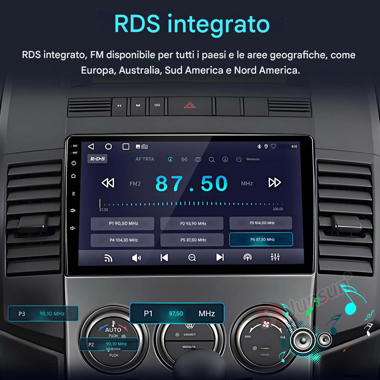 Lo schermo dell'autoradio visualizza informazioni radio, pulsanti e valori numerici.