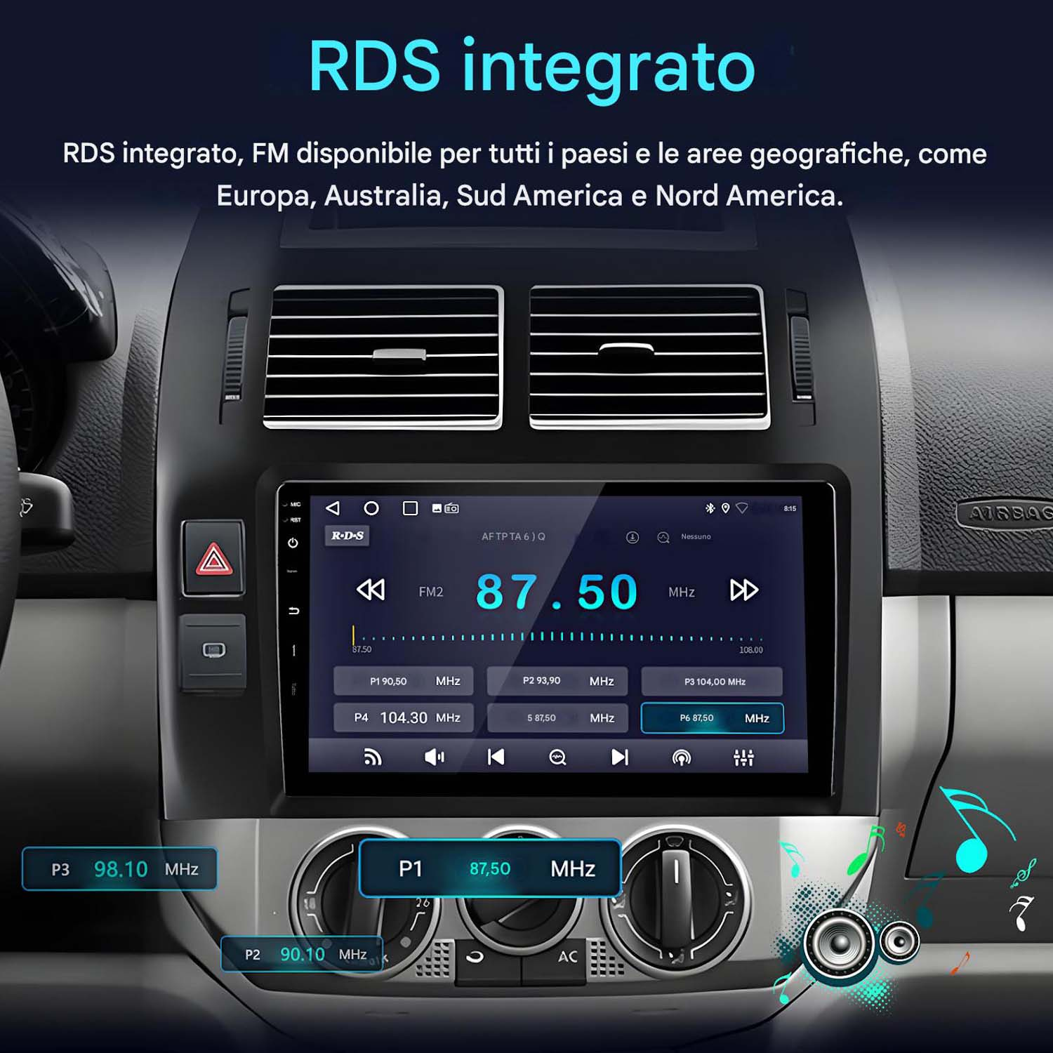 Sistema audio per auto con RDS integrato. Lo schermo visualizza informazioni radio e frequenze.