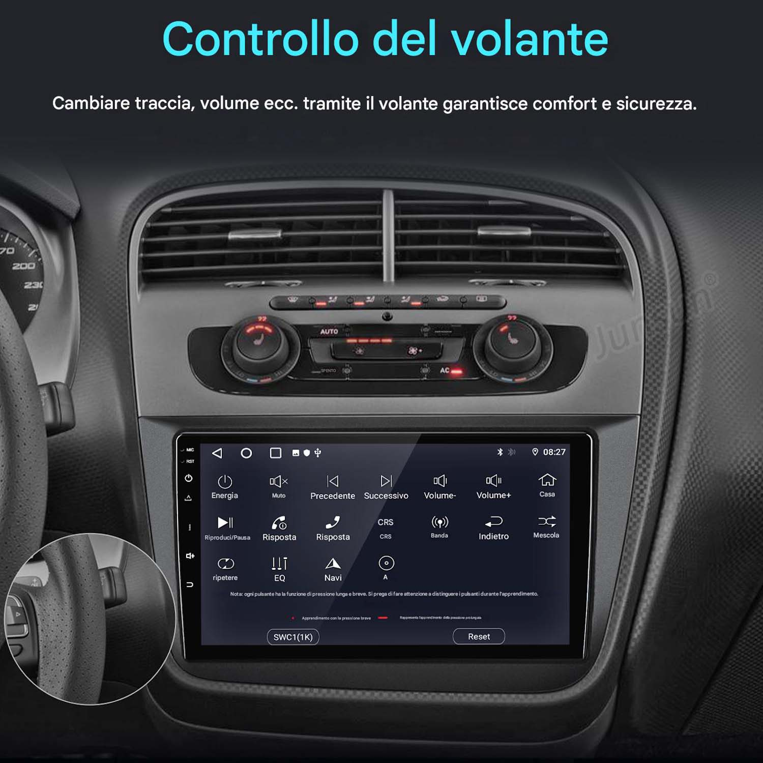 L'autoradio visualizza i controlli, tra cui volume, cambi di traccia e impostazioni radio.