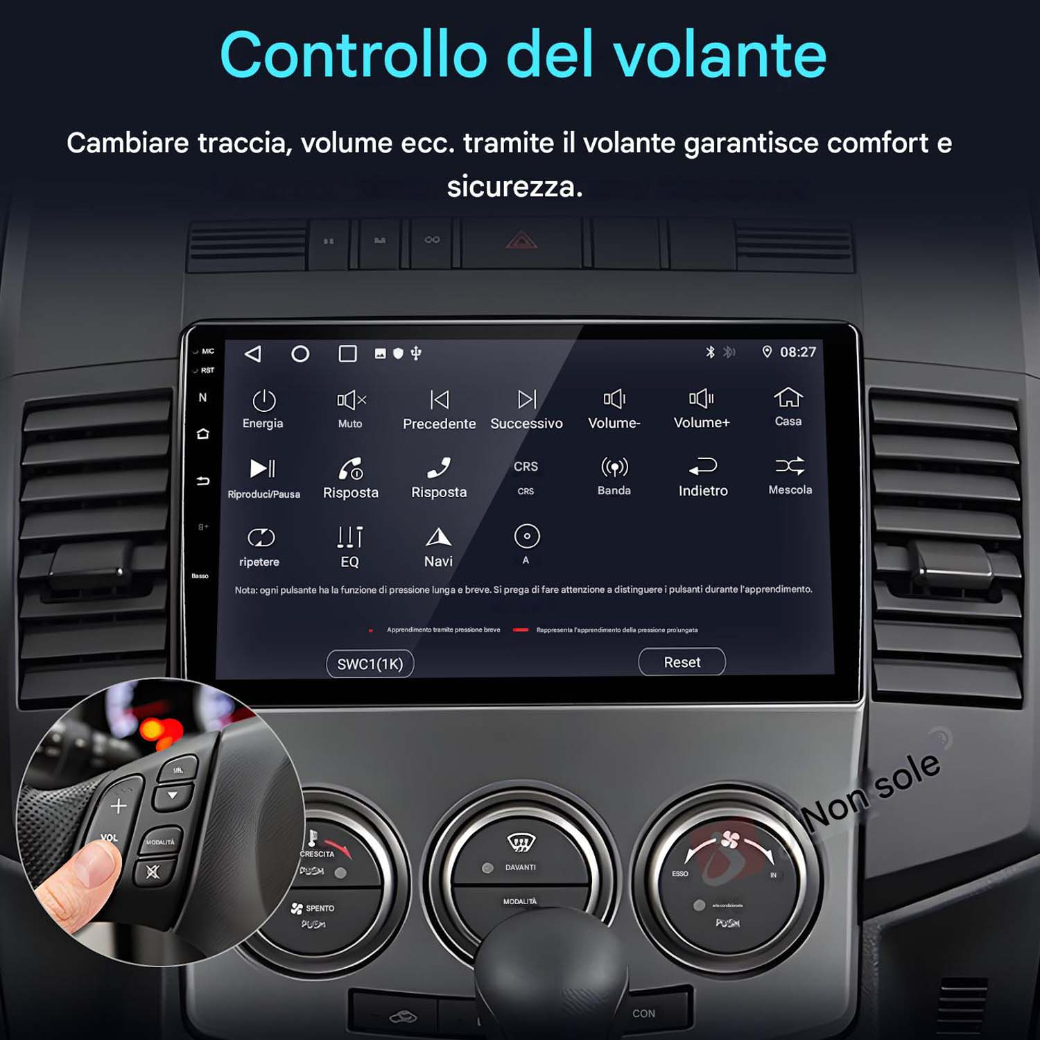 Interfaccia del sistema multimediale per auto, che mostra i pulsanti di controllo sul volante e sul touchscreen.