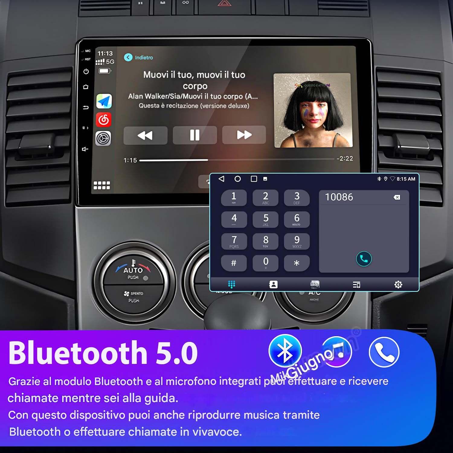 Sistema multimediale per auto che mostra un'app musicale, un dialer telefonico e icone Bluetooth 5.0.