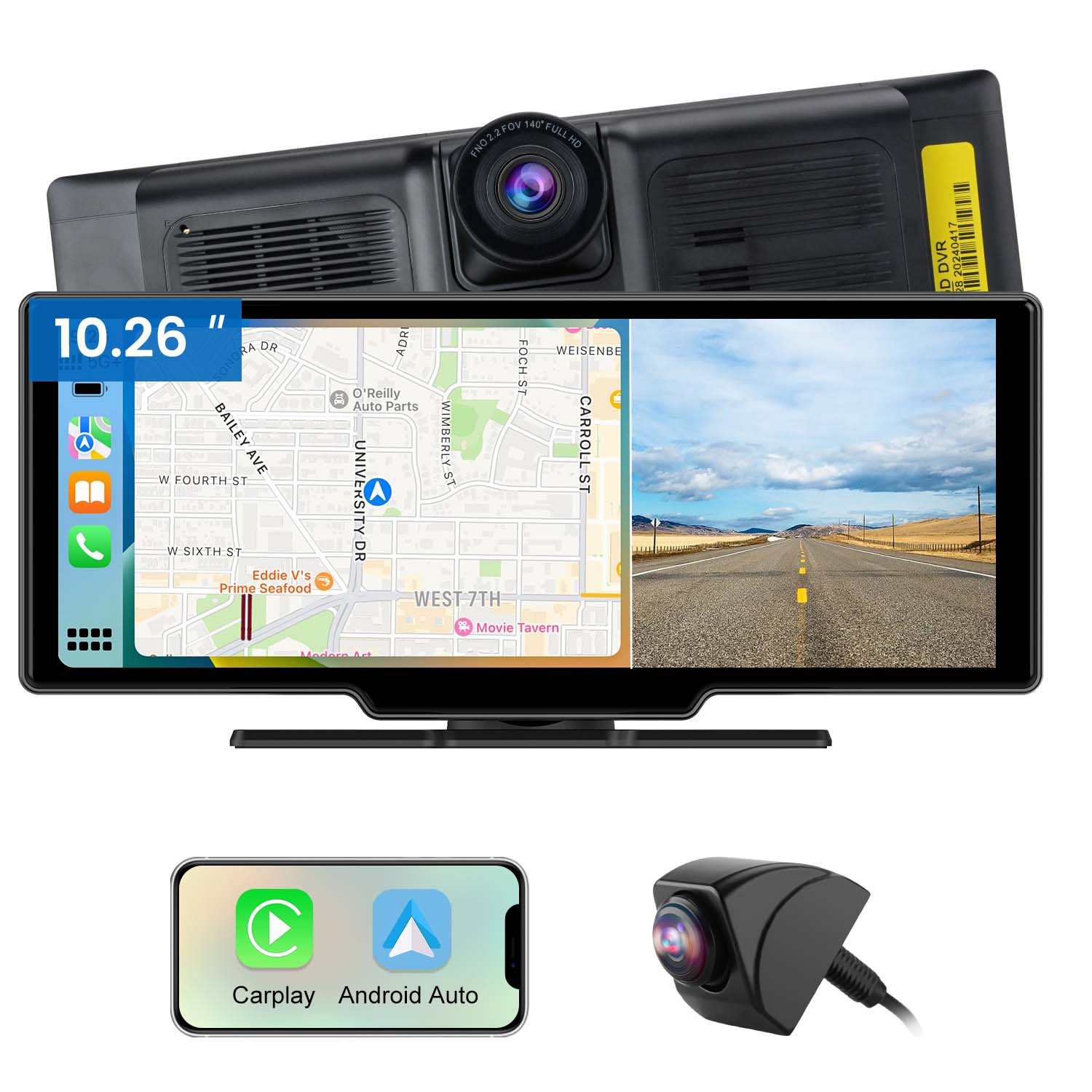 Dashcam per auto con schermo che mostra mappa e vista stradale, più icone CarPlay e Android Auto.