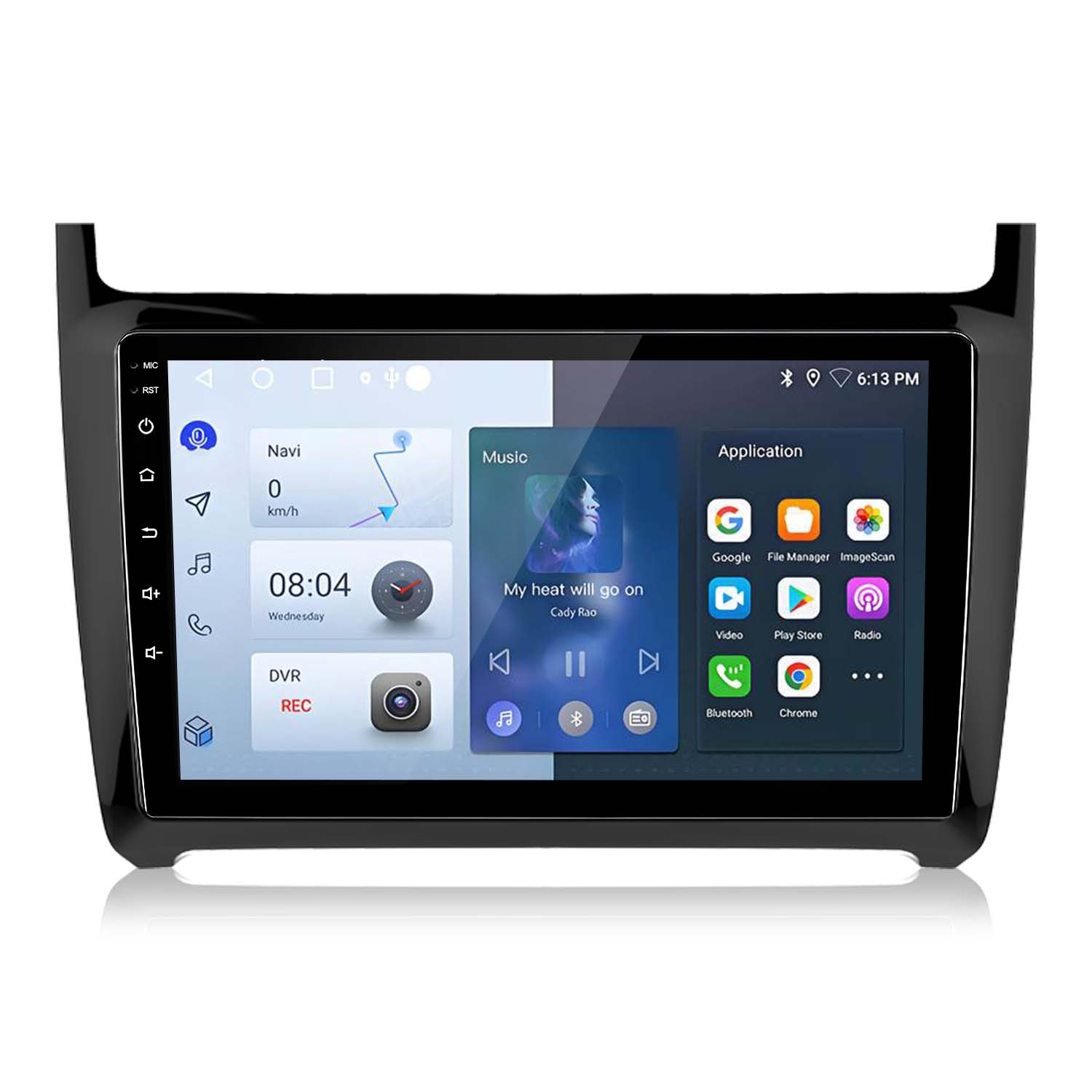 Lo schermo dell'autoradio visualizza l'interfaccia principale, con icone di musica e app.