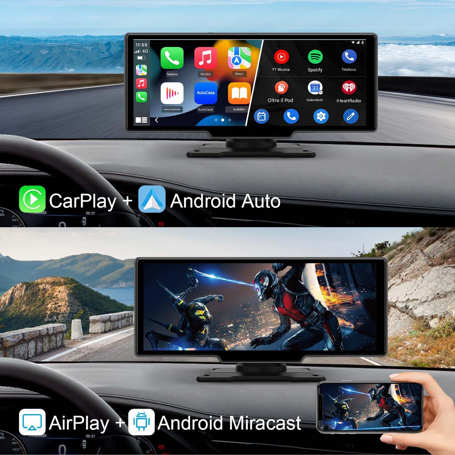 Cruscotto auto con schermo che mostra interfacce musicali e di navigazione, più CarPlay e Android Auto.