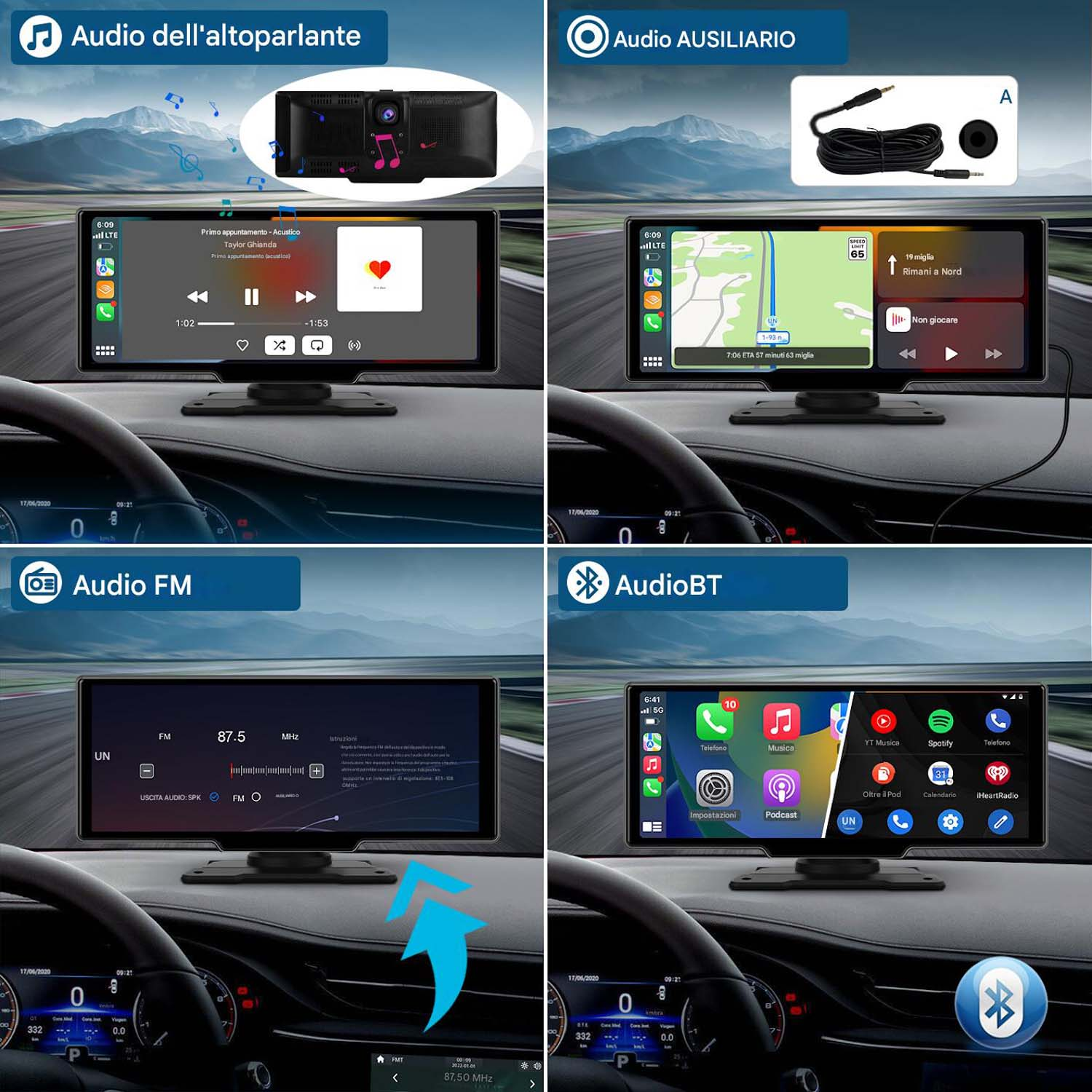 Quattro schermi dell'autoradio che mostrano diverse sorgenti audio: altoparlante, AUX, FM e Bluetooth.