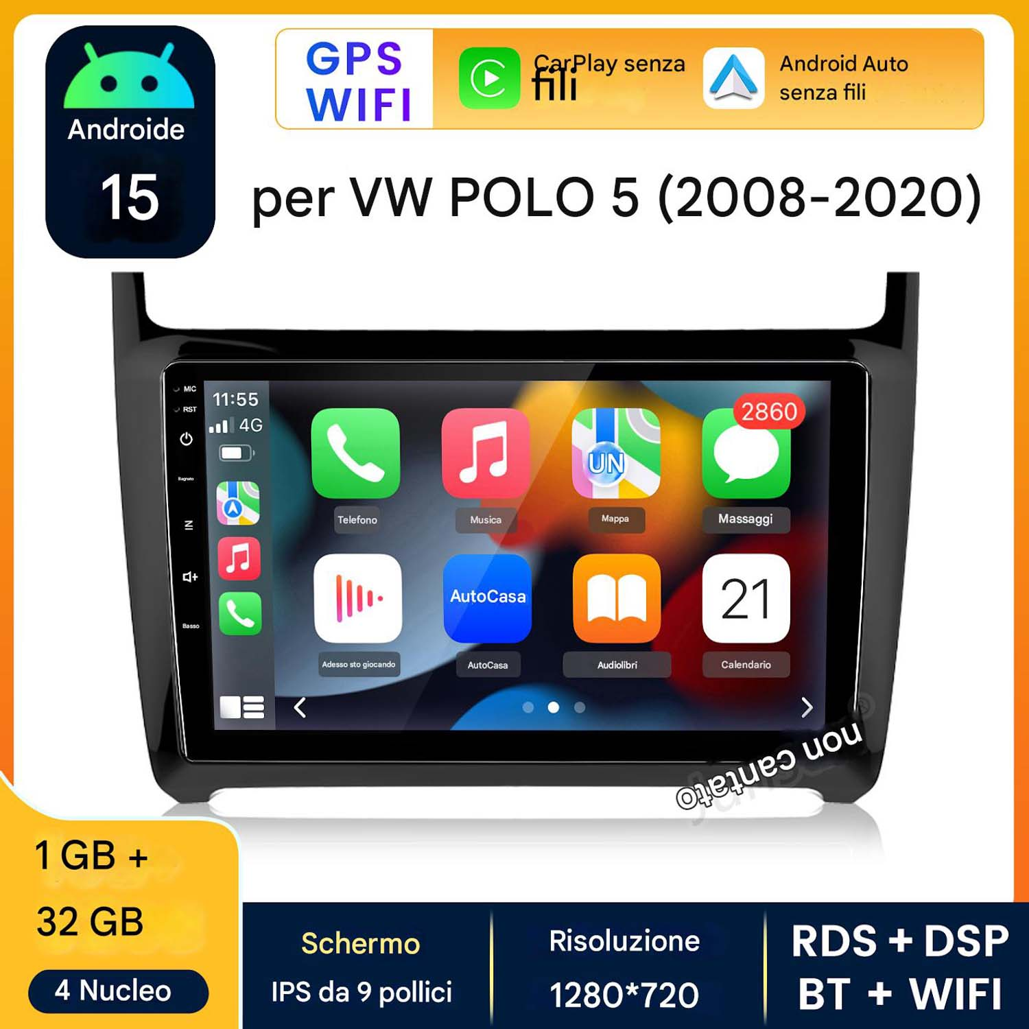 Schermo autoradio con app, GPS e WiFi. Include Android Auto e CarPlay per VW Polo 5 (2008-2020).