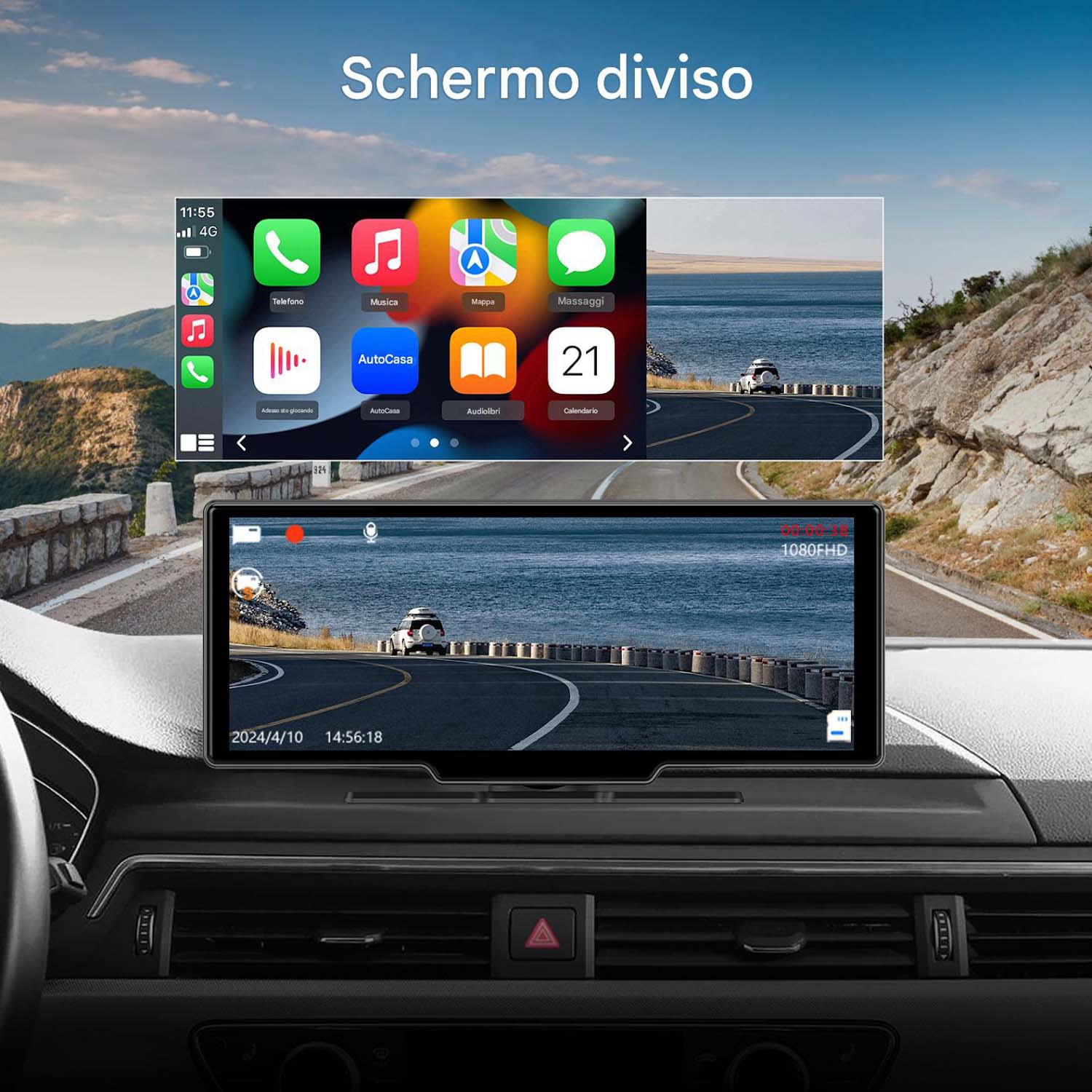Sistema multimediale per auto che mostra uno schermo diviso: navigazione e vista della telecamera del cruscotto.