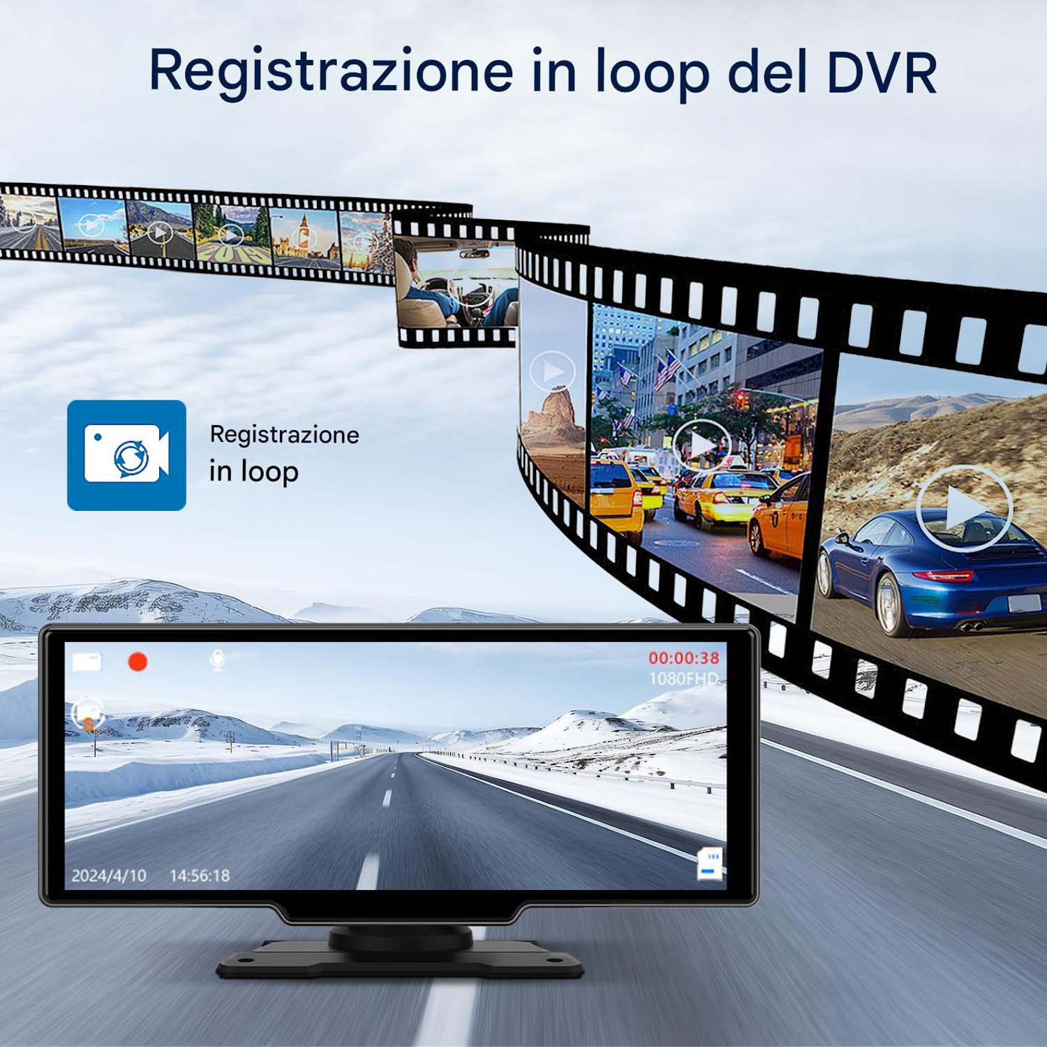 La dash cam per auto mostra la vista della strada e le riprese di guida, con data e ora.