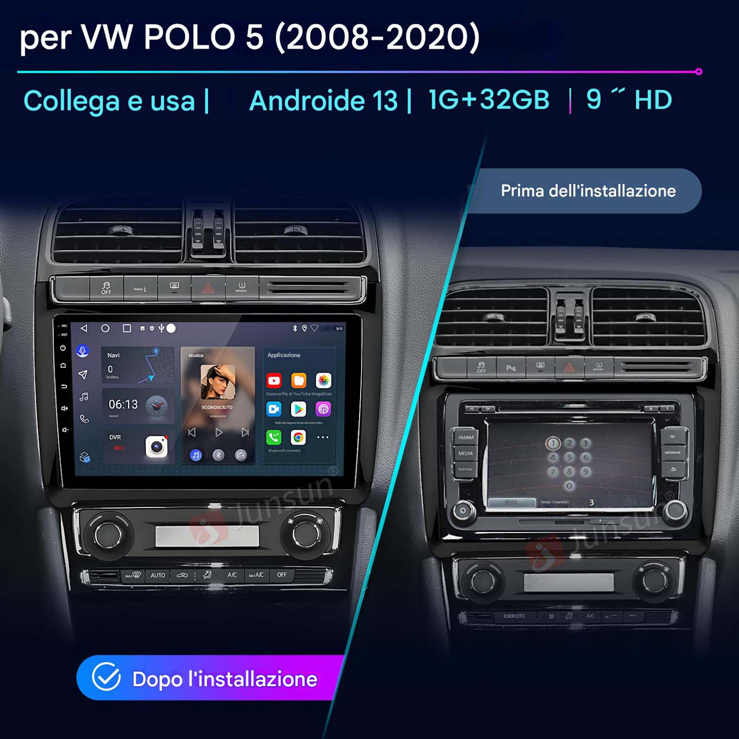 Sistema multimediale per auto installato nel cruscotto, con due viste: prima e dopo l'installazione.