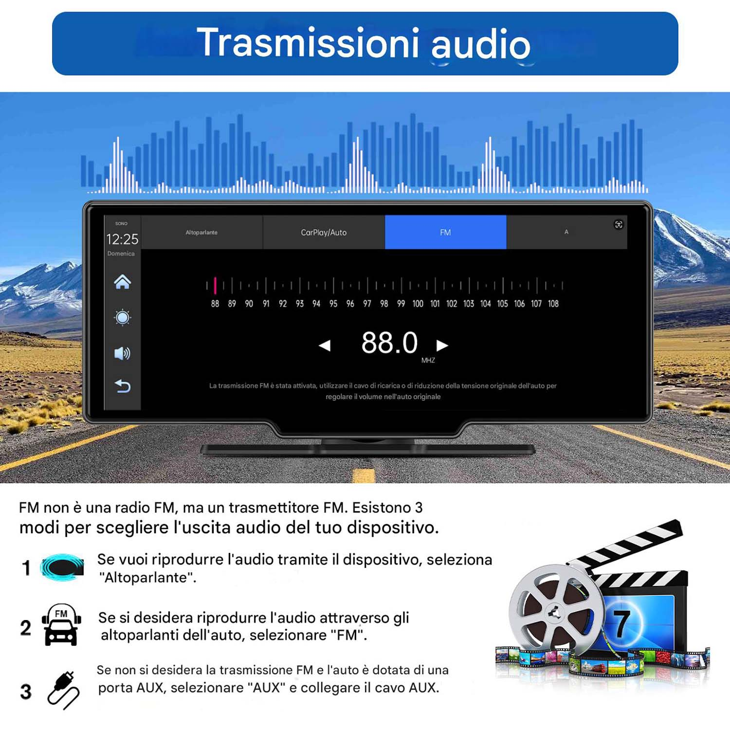 Schermo autoradio che mostra informazioni sulla trasmissione audio, impostazioni di frequenza radio FM e istruzioni.