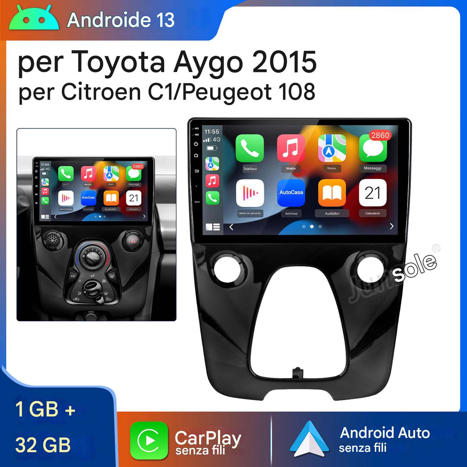 Schermo autoradio con app, Android Auto e CarPlay, installato in una Toyota Aygo 2015, Citroen C1 o Peugeot 108.
