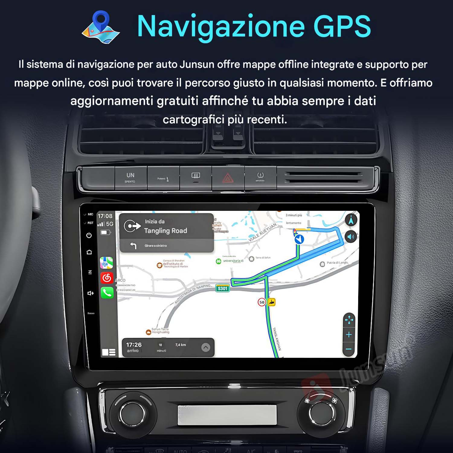 Navigazione GPS sullo schermo dell'autoradio. Visualizza una mappa con un percorso sul cruscotto dell'auto.