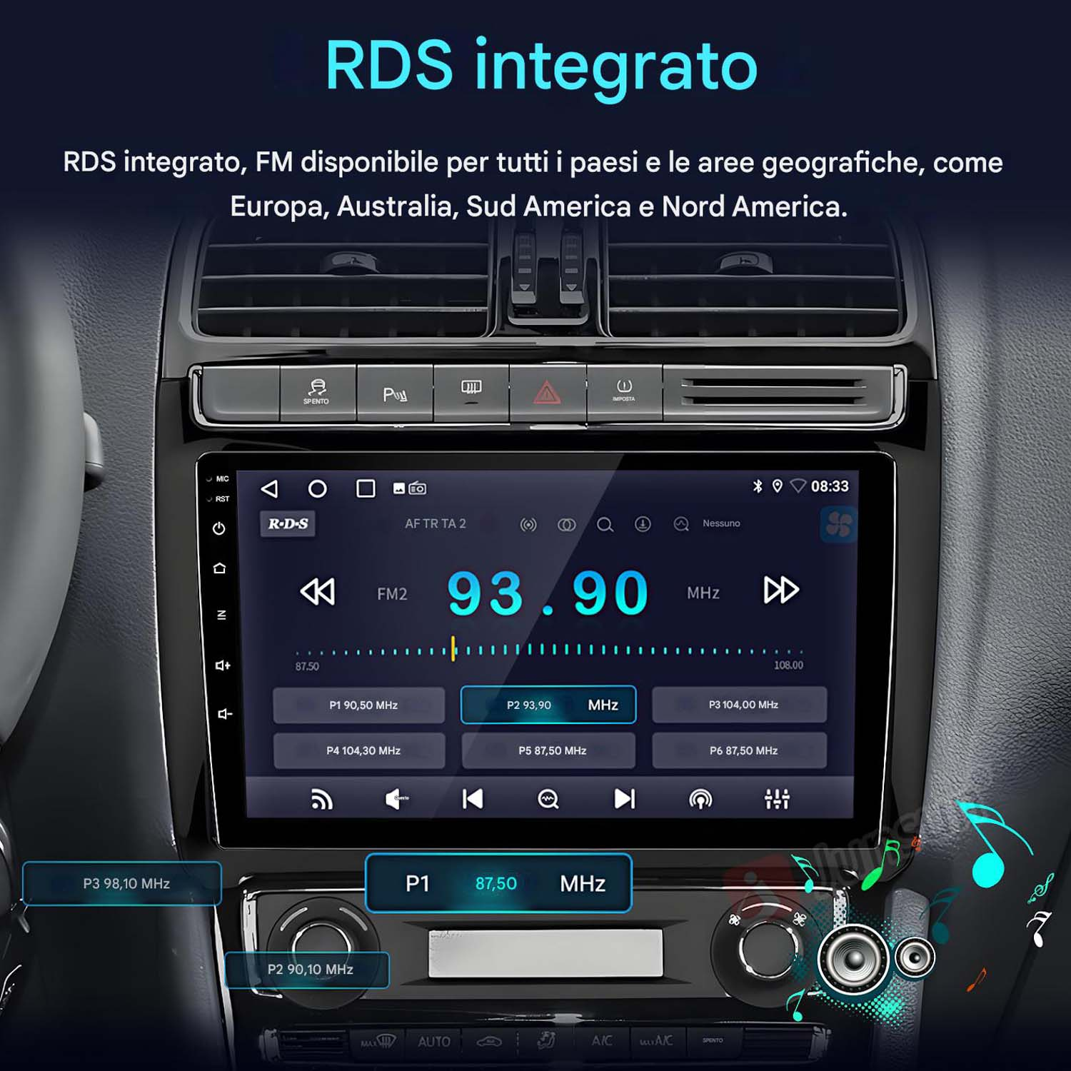 Lo schermo dell'autoradio visualizza l'RDS integrato (Radio Data System) con informazioni radio FM.