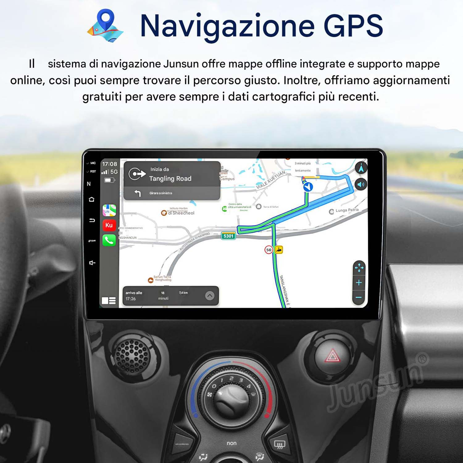 Navigazione GPS sullo schermo dell'autoradio. Visualizza una mappa con un percorso sul cruscotto dell'auto.