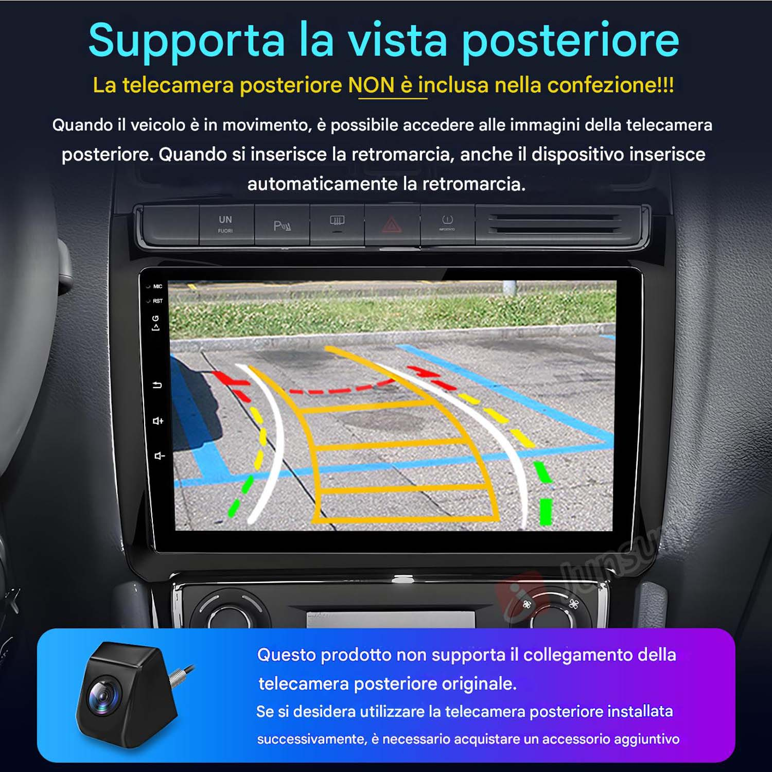 Autoradio che mostra la vista della telecamera posteriore con linee di parcheggio sullo schermo.