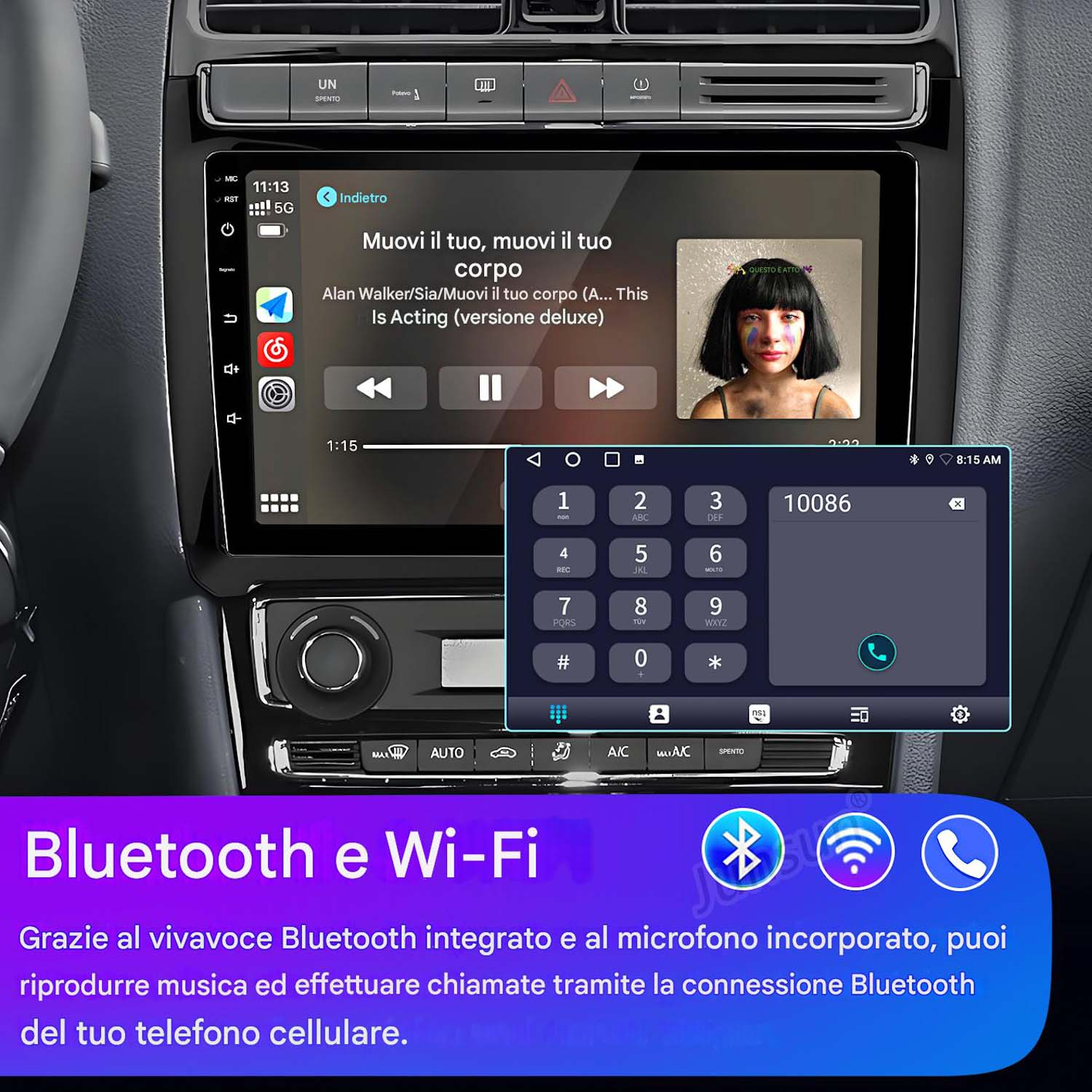 Autoradio che riproduce musica, tastierino numerico e icone Bluetooth e Wi-Fi sullo schermo.
