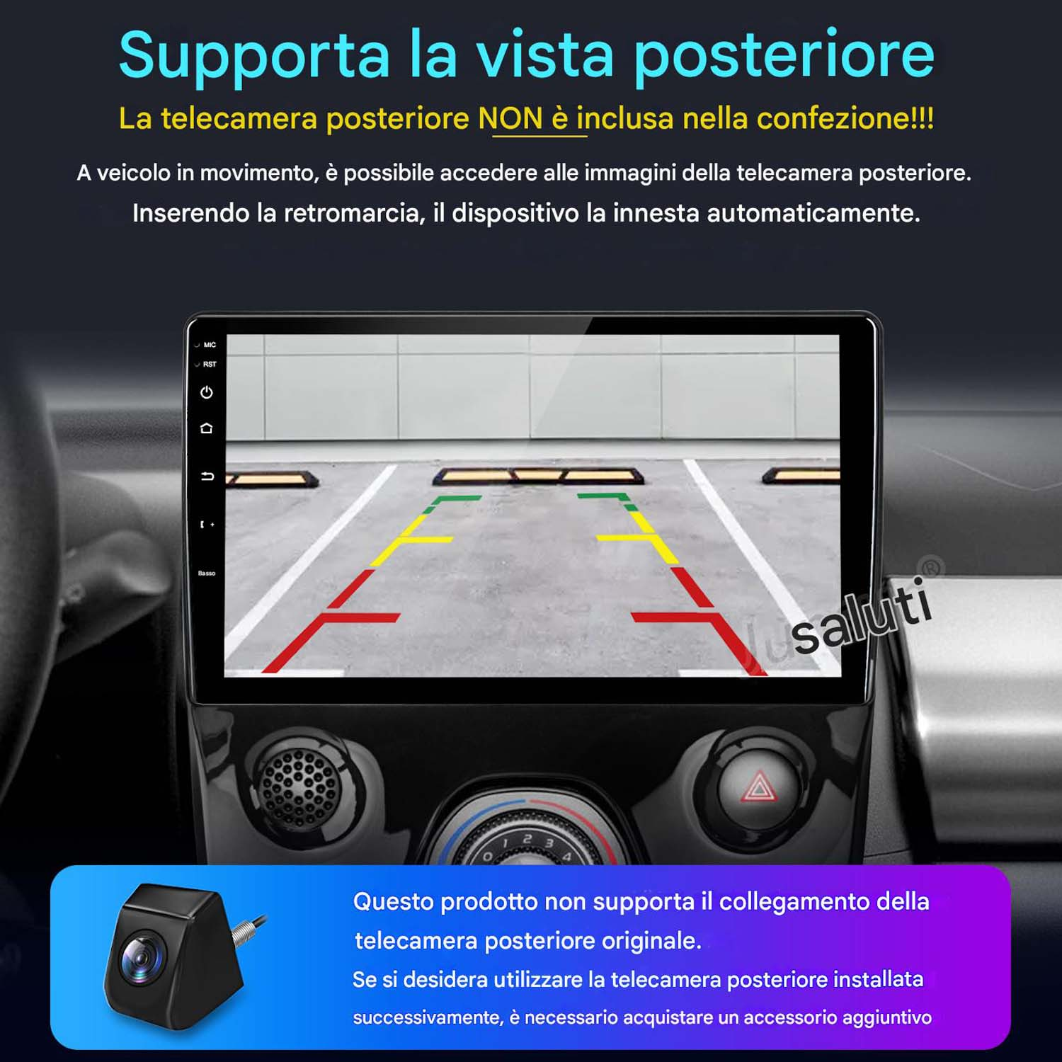 Schermo autoradio che mostra la vista del parcheggio con telecamera. La telecamera non è inclusa.