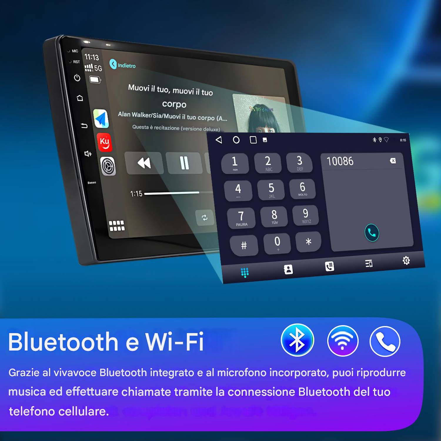 Autoradio con musica in riproduzione e tastierino numerico sullo schermo, icone Bluetooth e Wi-Fi.
