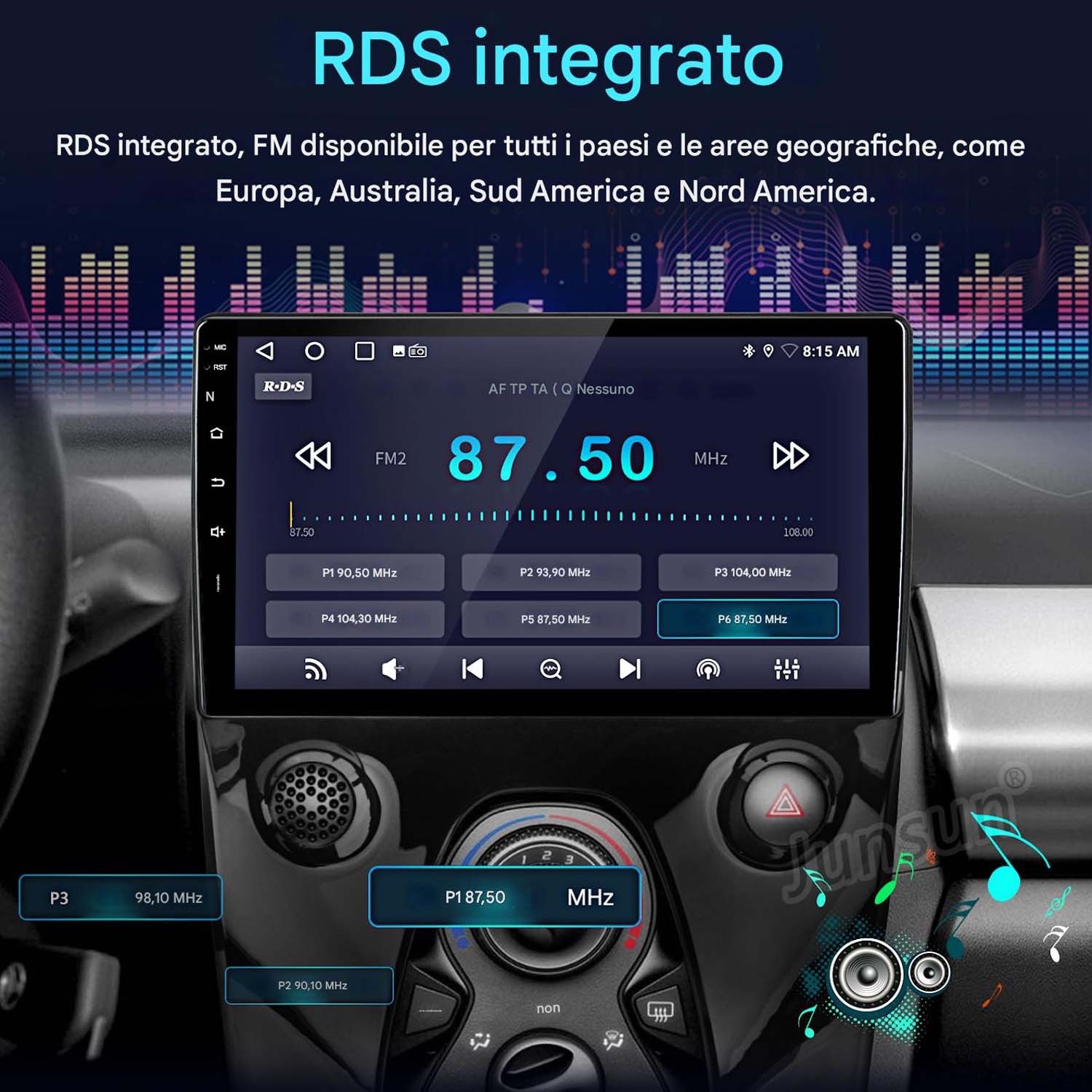 Lo schermo dell'autoradio visualizza l'RDS integrato (Radio Data System) con informazioni radio FM.