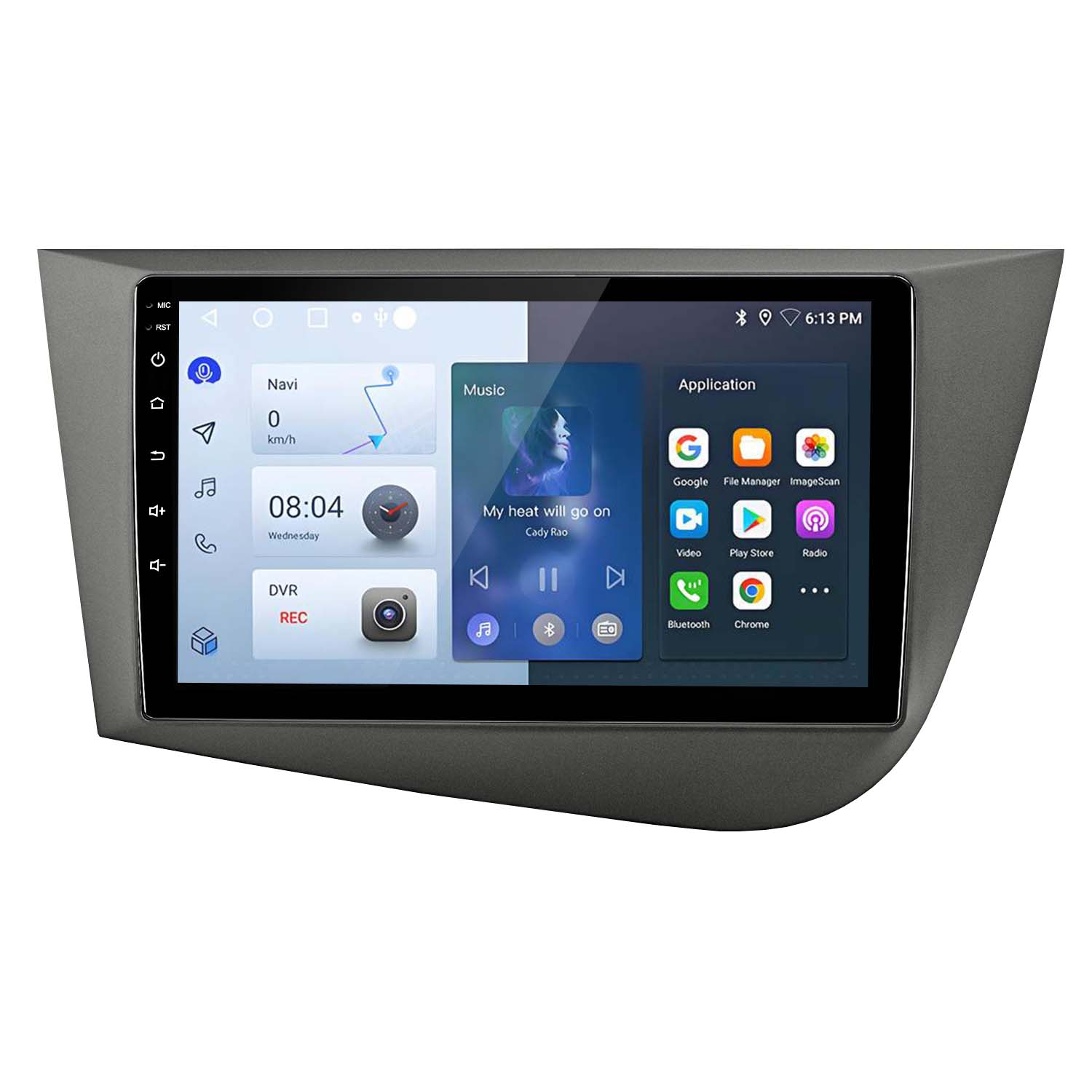 Autoradio con schermo che mostra navigazione, musica e app. Cornice grigia.