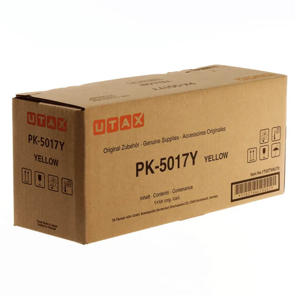 Ein Karton mit der Aufschrift UTAX PK-5017Y GELB. Text und Symbole sind auf der Box aufgedruckt.