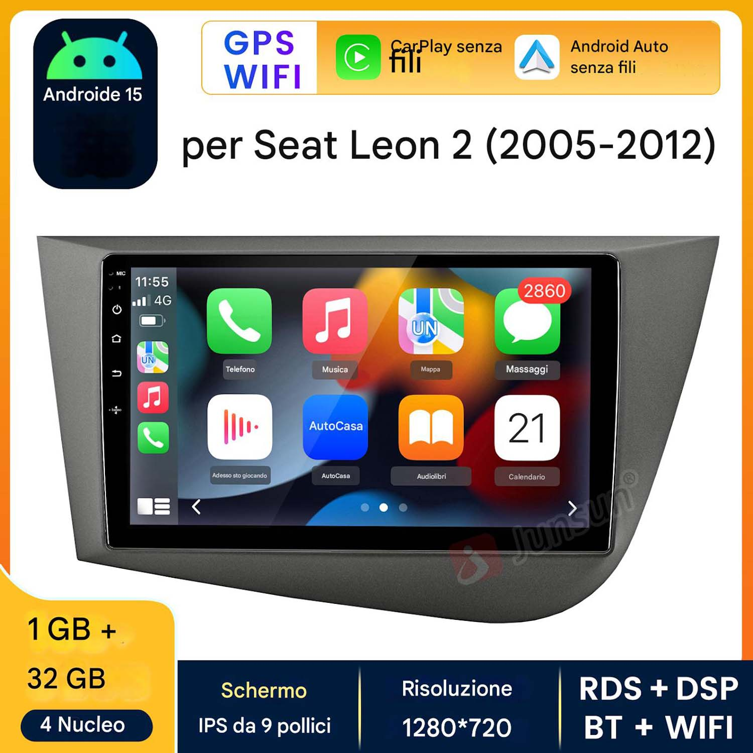 Uno schermo autoradio con app come telefono, musica e calendario. Lo schermo ha Android 15, GPS e WiFi.