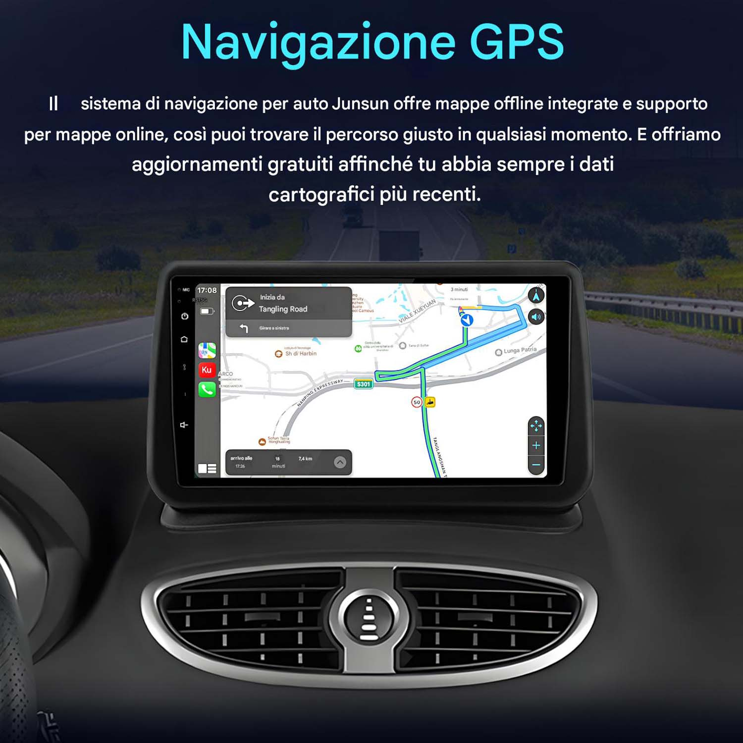 Lo schermo di navigazione dell'autoradio mostra una mappa. Il cruscotto e le prese d'aria sono in primo piano.