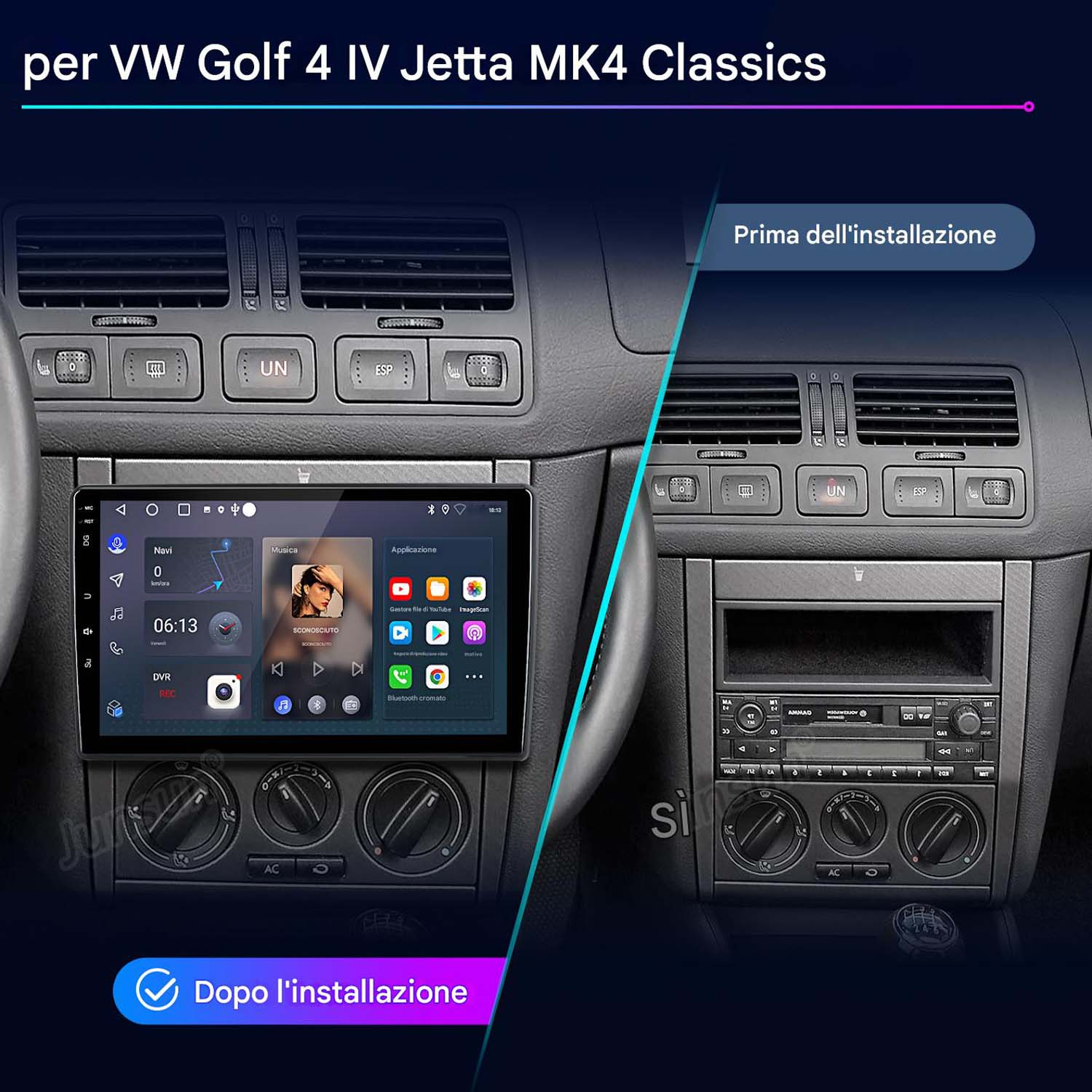 Confronto installazione autoradio: a sinistra il nuovo schermo con app; a destra la vecchia console radio.
