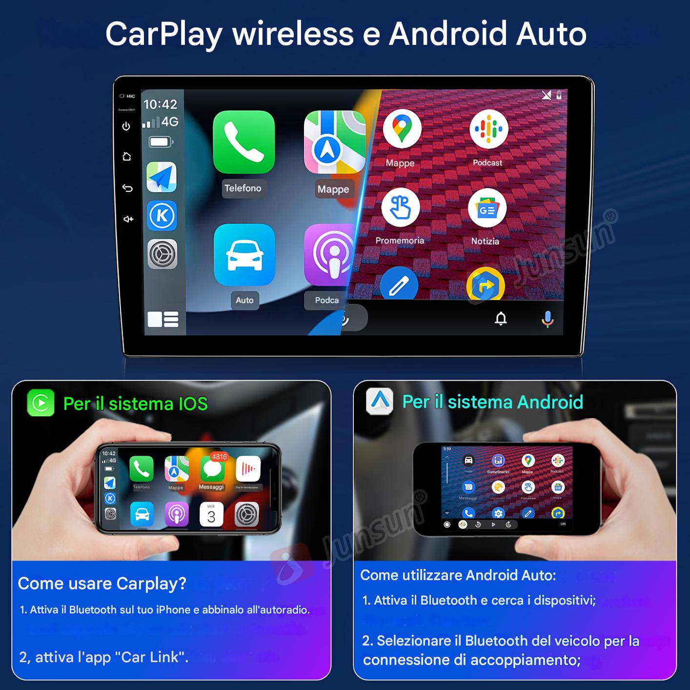 L'immagine mostra uno schermo di autoradio con app e due telefoni che mostrano CarPlay e Android Auto.