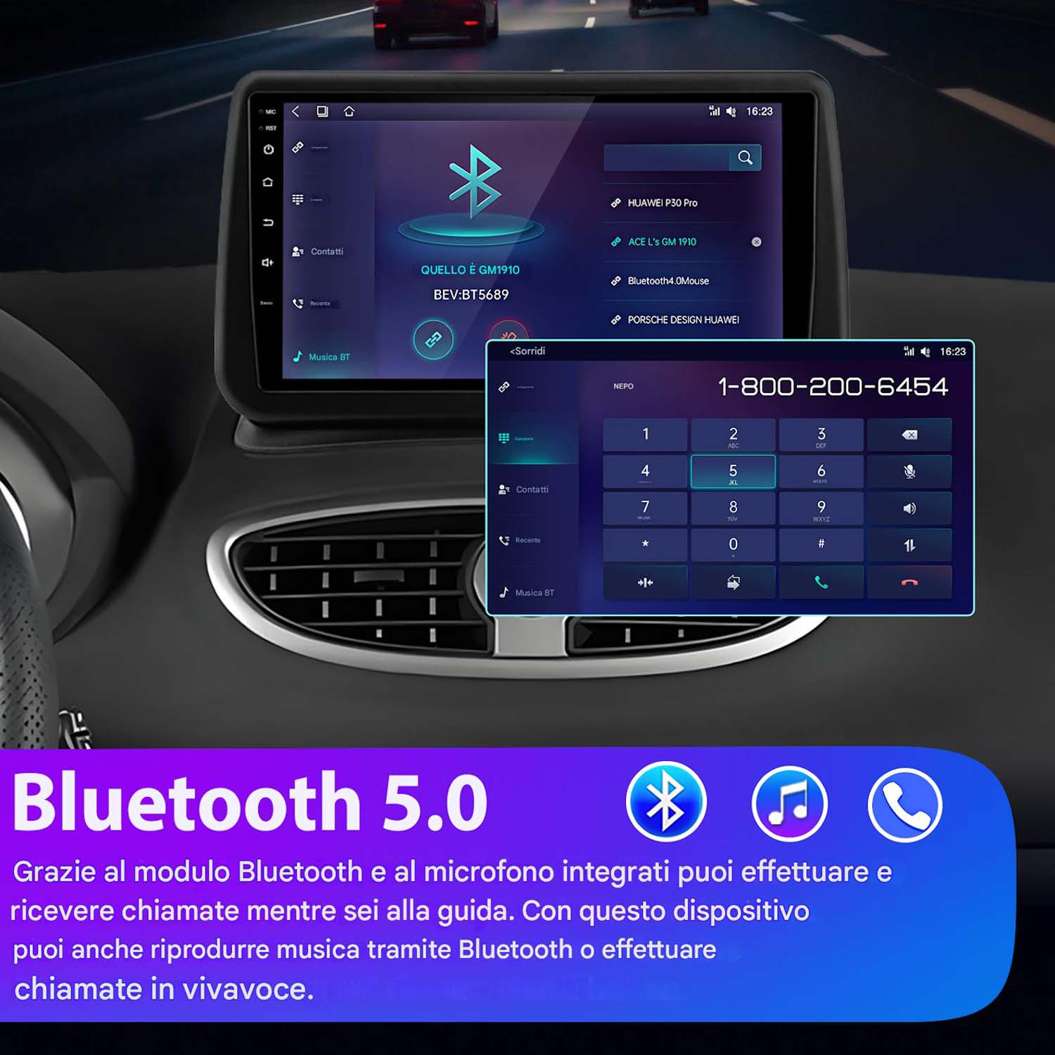 L'immagine mostra uno schermo di autoradio con Bluetooth 5.0 e un display del numero di telefono.