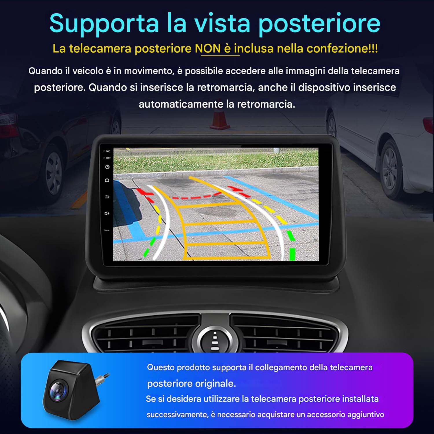 Schermo dell'autoradio che mostra un display della telecamera posteriore con linee di parcheggio.