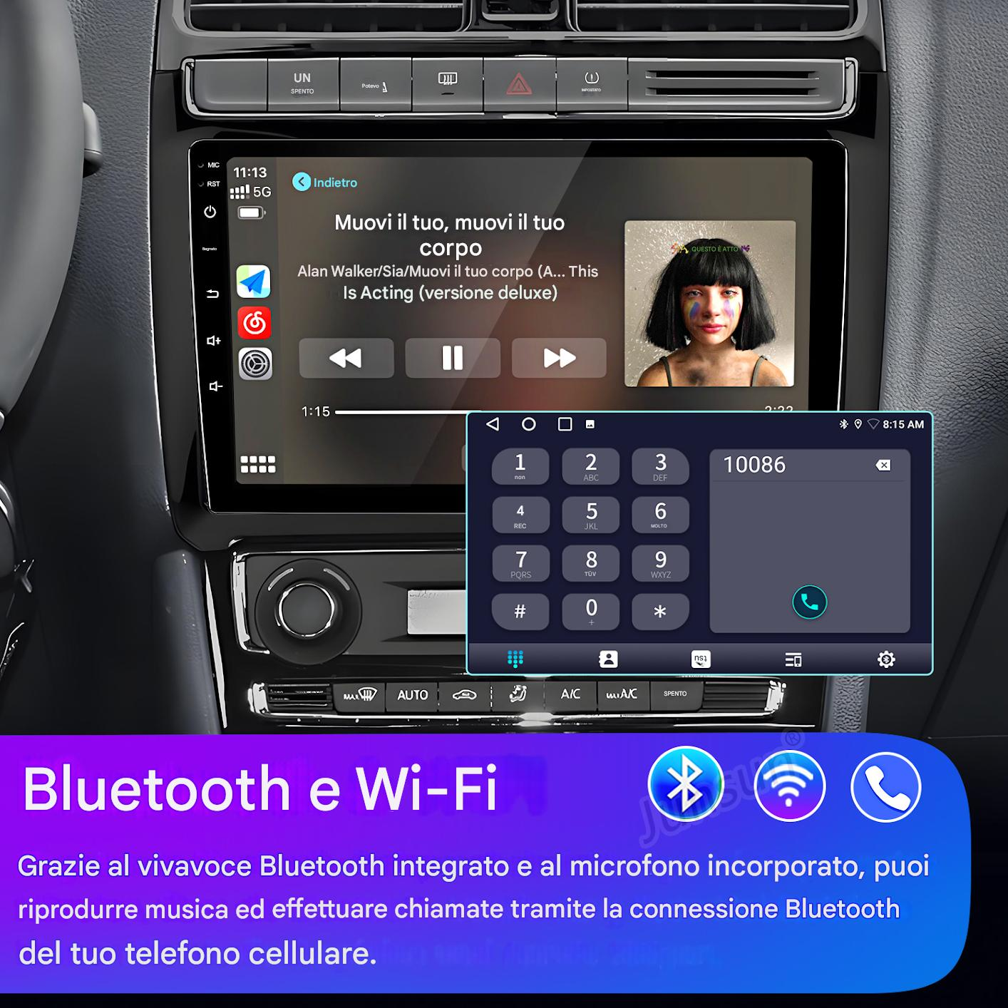 Schermo dell'autoradio che mostra un'interfaccia del lettore musicale Bluetooth e un tastierino.
