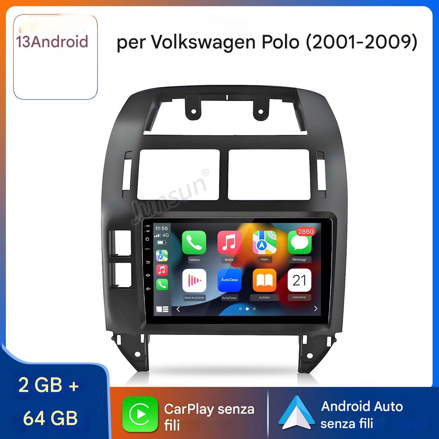 Sistema autoradio per Volkswagen Polo (2001-2009) con schermo e pulsanti.