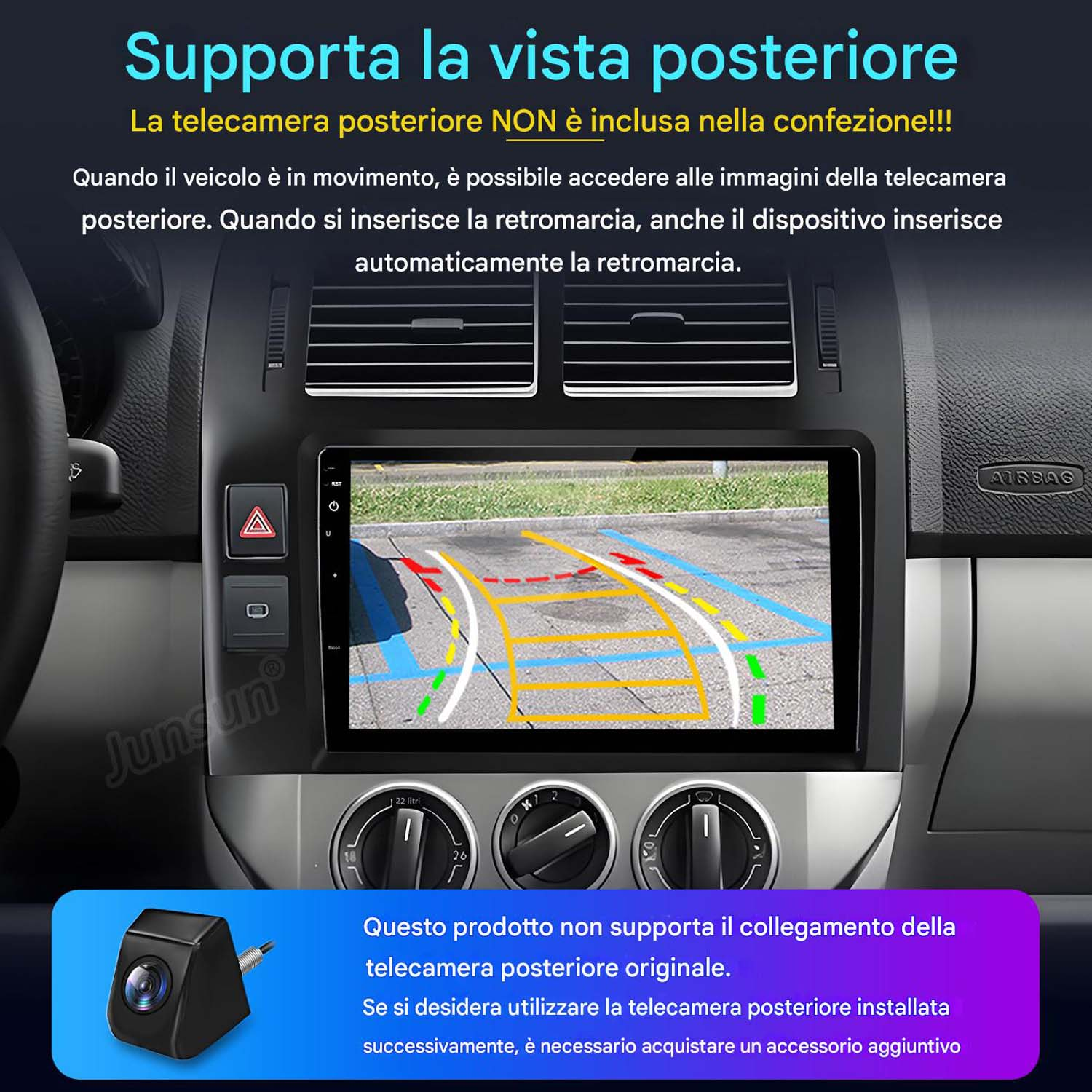 Schermo dell'autoradio con la vista della telecamera posteriore, con guide di parcheggio.