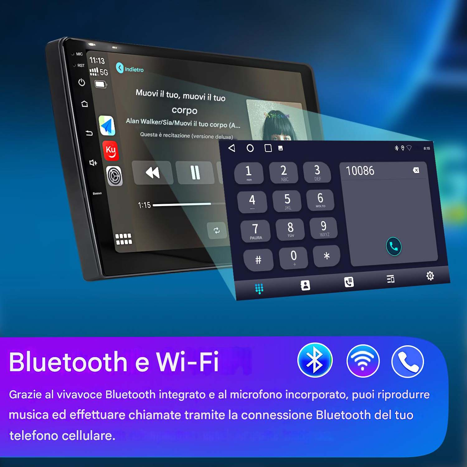 Schermo dell'autoradio con controlli musicali e un dialer telefonico, con icone Bluetooth e Wi-Fi sotto.