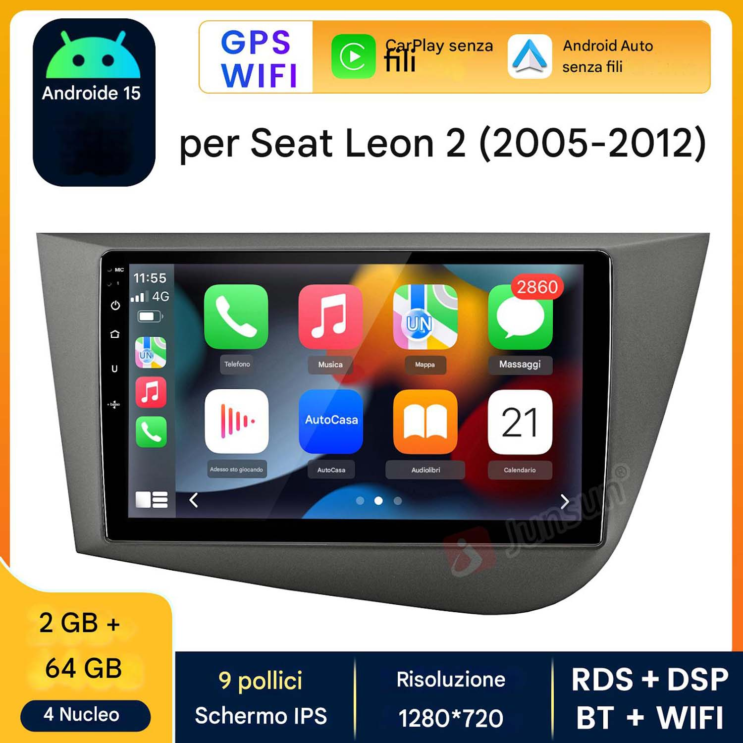 Schermo autoradio con icone delle app, testo e cornice grigia.