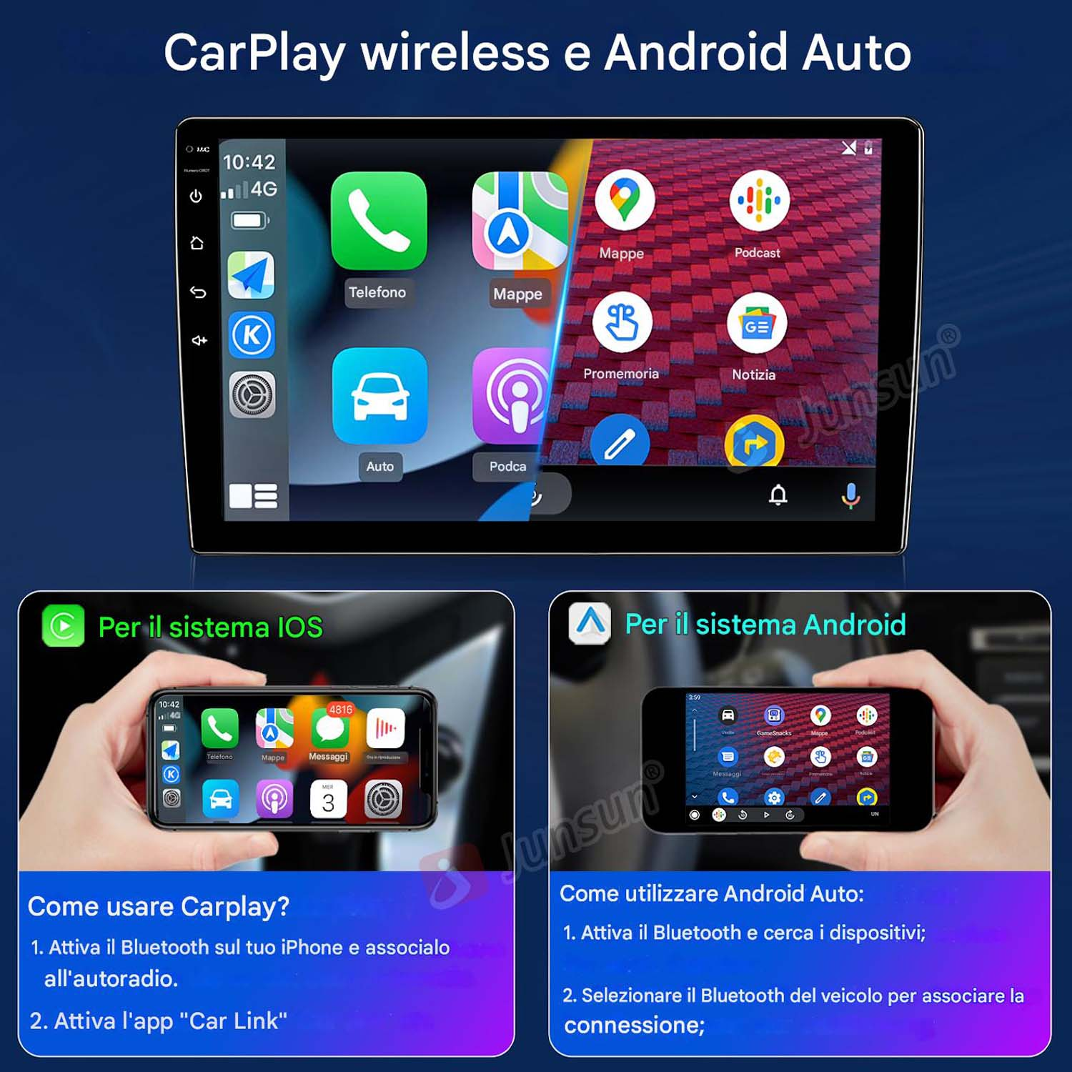 Interfacce CarPlay e Android Auto su un'autoradio, con istruzioni sui telefoni cellulari.