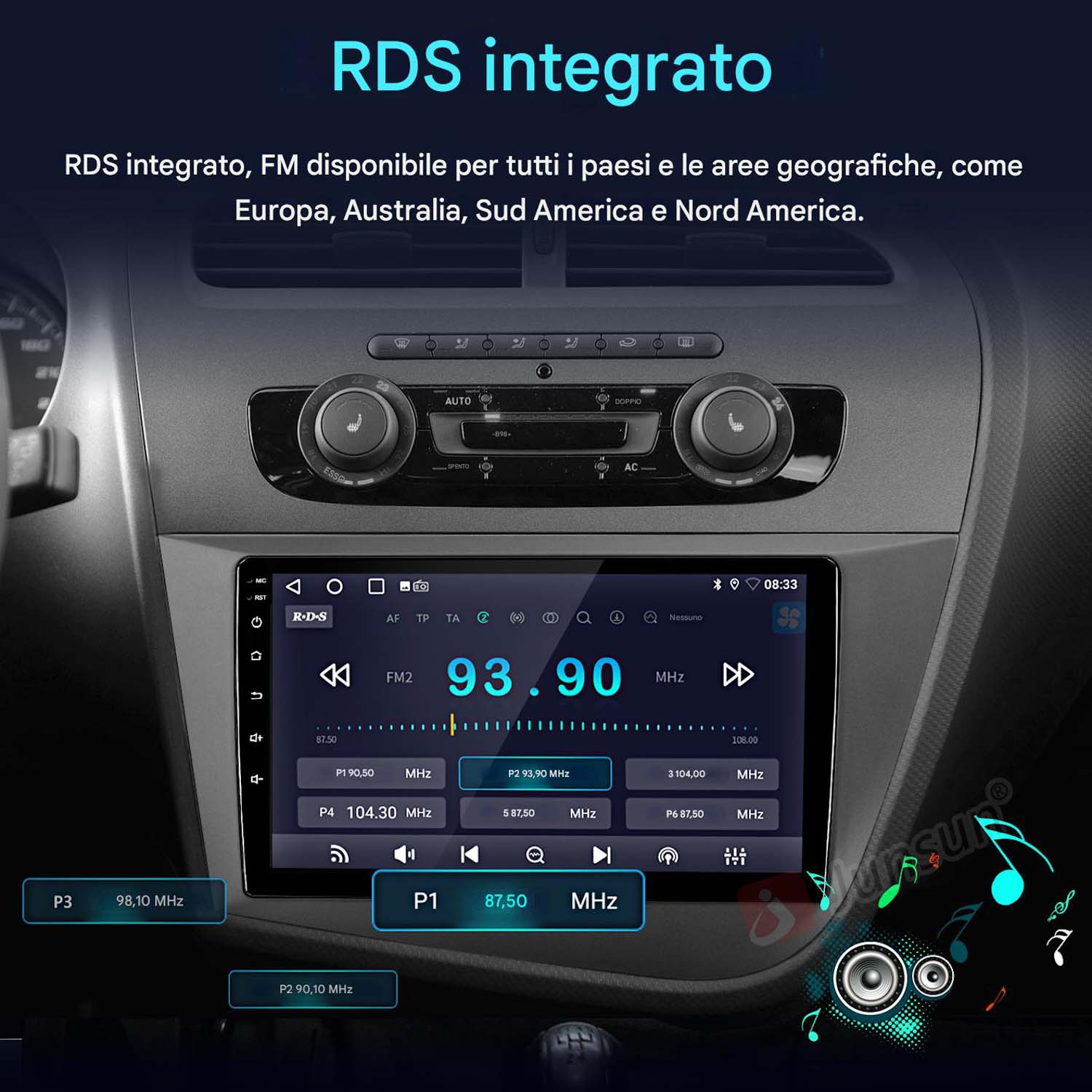 Schermo autoradio con informazioni radio FM. Lo schermo mostra la frequenza 93,90 MHz.