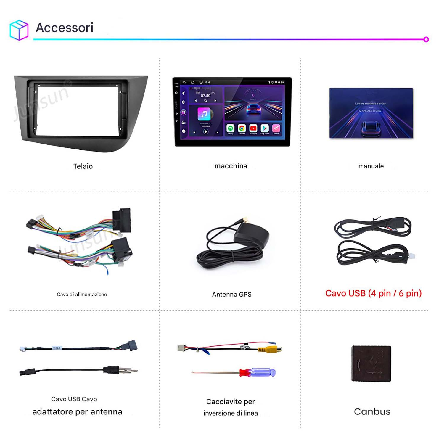Vari accessori per l'installazione dell'autoradio, inclusi cablaggi, antenna GPS e cavi USB.