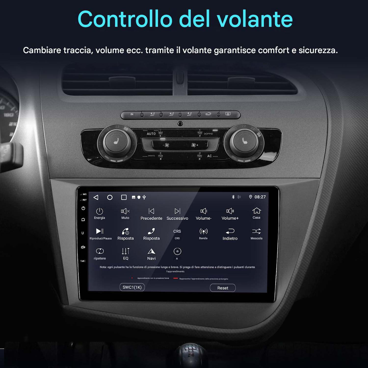 Autoradio con touchscreen, che mostra i comandi al volante, in un interno auto.